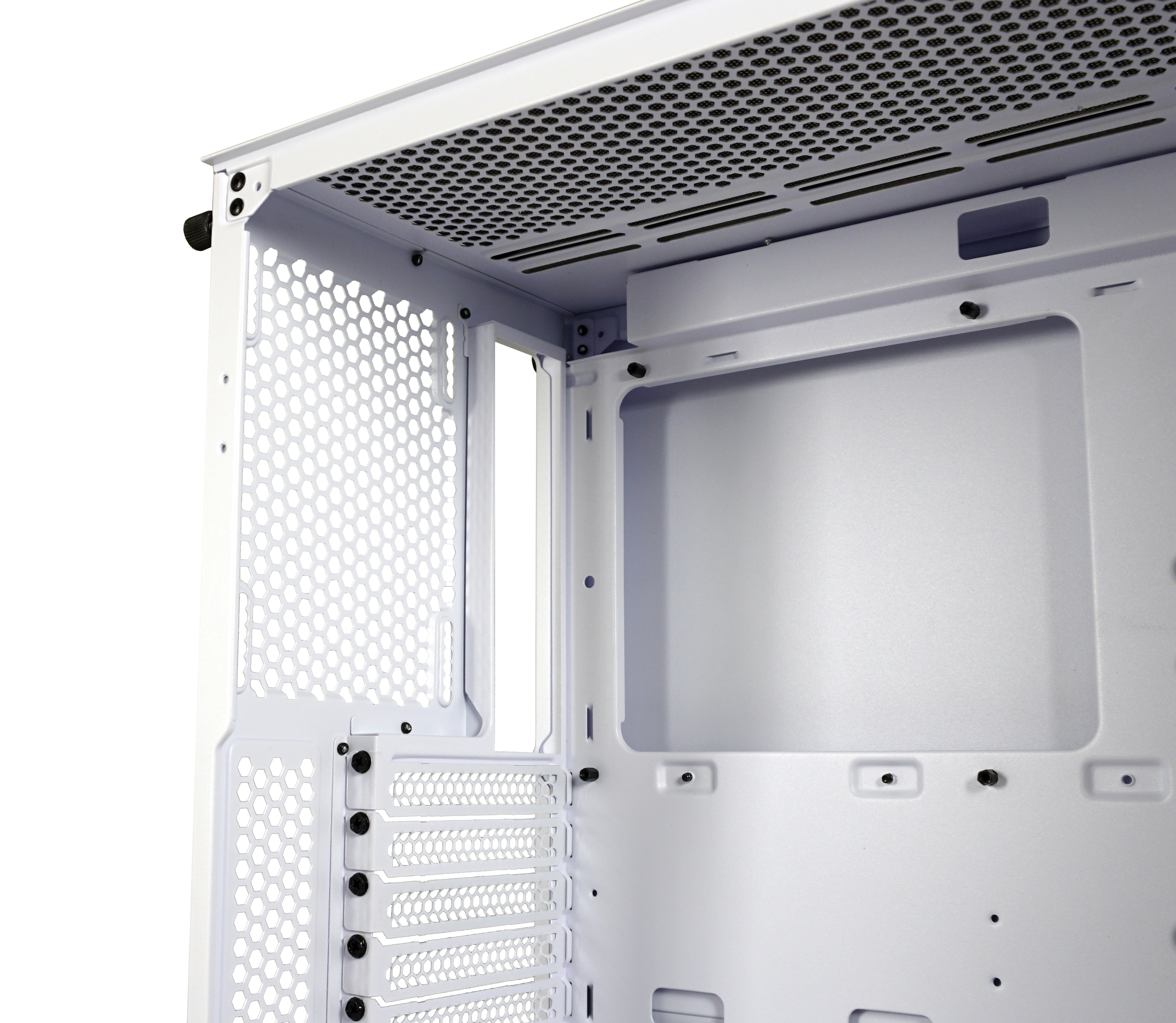 Interno del case del computer bianco con punti di montaggio e ritagli.