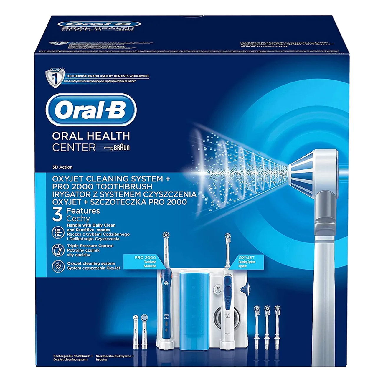 Una scatola Oral-B Oral Health Center con un sistema di spazzolino e accessori.