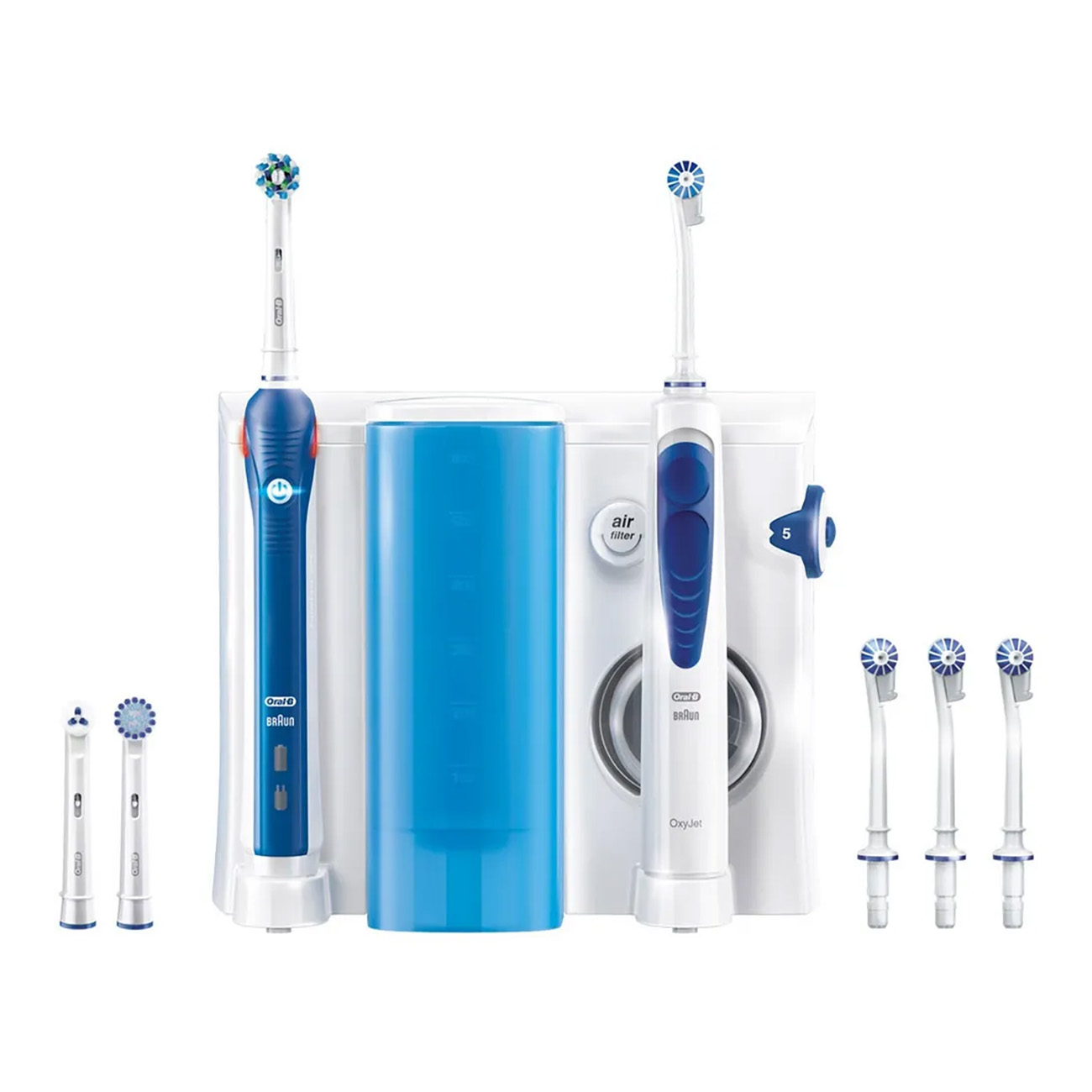 Un Oral-B OxyJet, spazzolini elettrici e testine di ricambio.