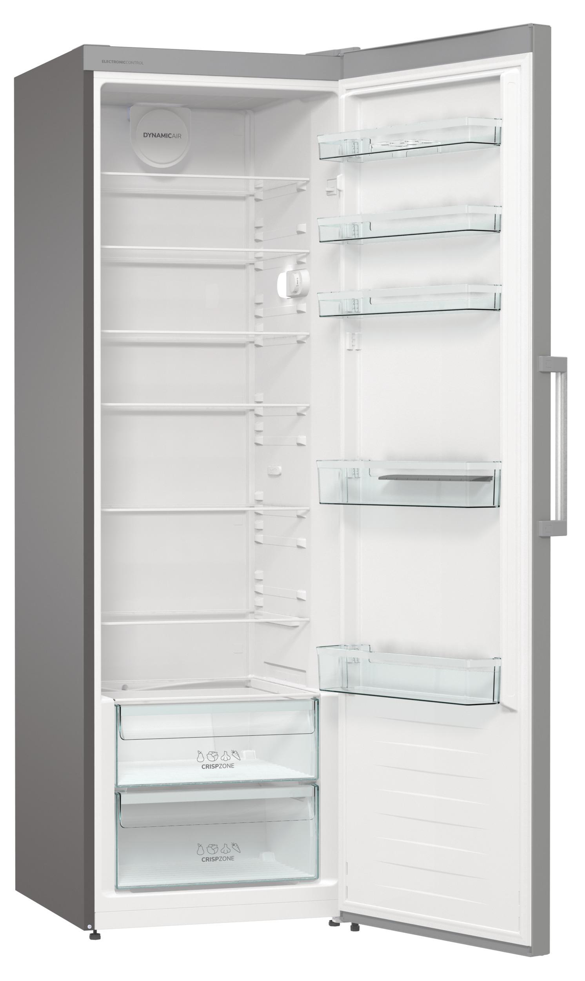 Otwarta lodówka z półkami i szufladami. Szary wygląd zewnętrzny, białe wnętrze. Pusta.