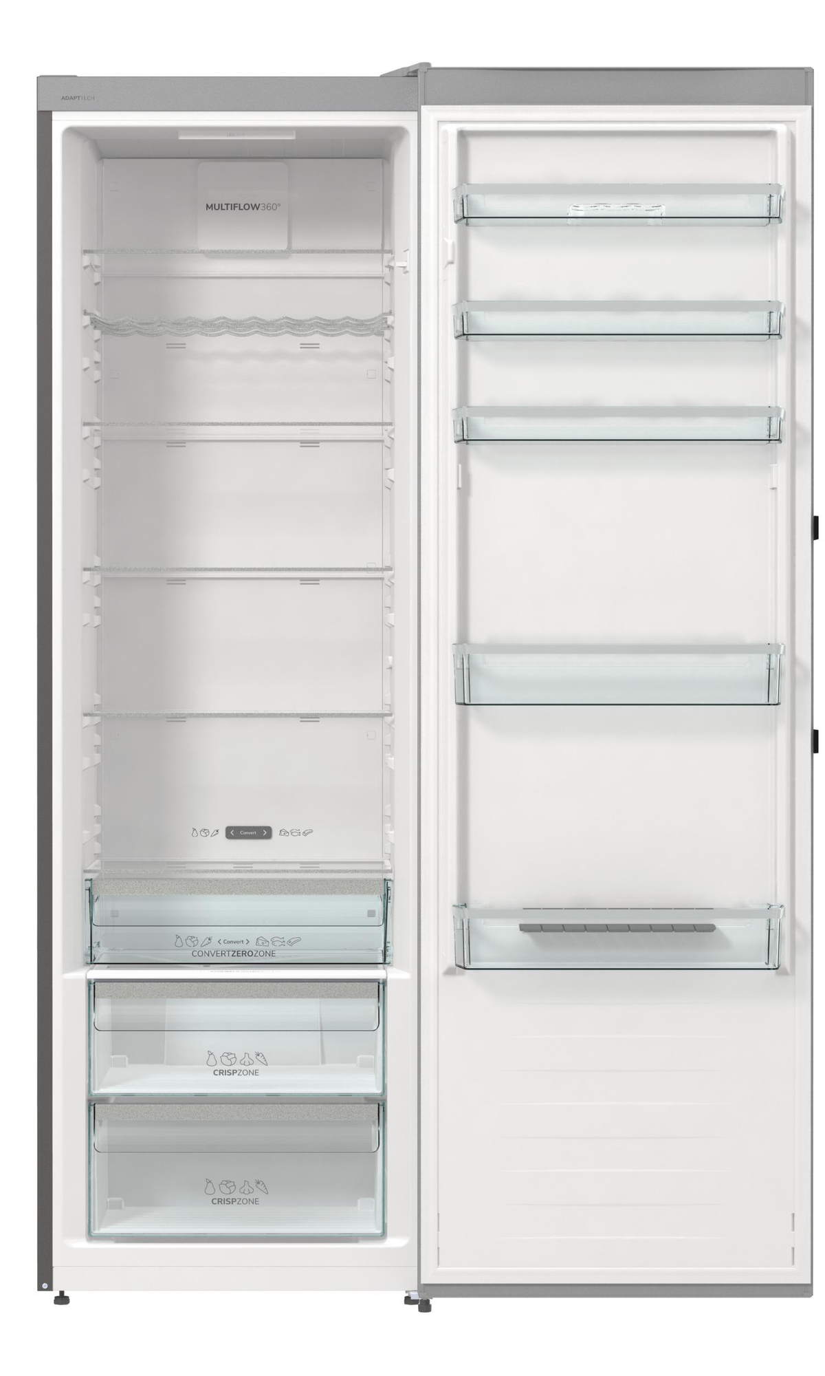 Kühlschrankinnenraum mit Glasböden, Schubladen und Fächern.