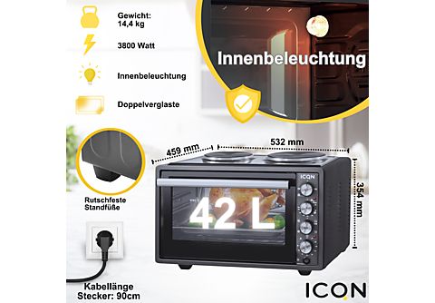 ICQN 42 Liter Minibackofen mit Kochplatten, 3800 W, Umluft, Pizza-Ofen,  Doppelverglasung, Drehspieß Minibackofen | MediaMarkt