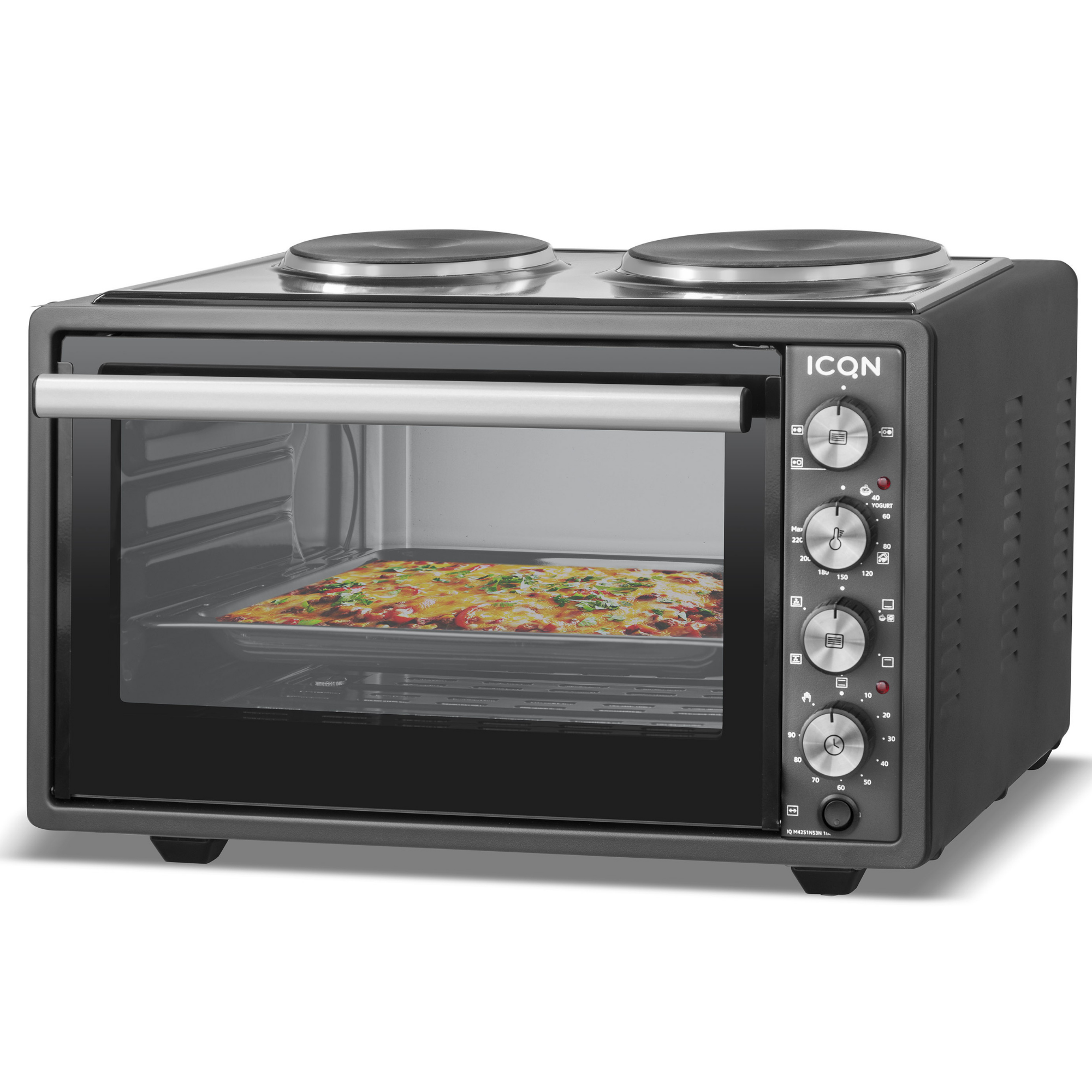 Doppelverglasung, ICQN Minibackofen Pizza-Ofen, mit 3800 Minibackofen Liter Drehspieß Kochplatten, Umluft, 42 W,