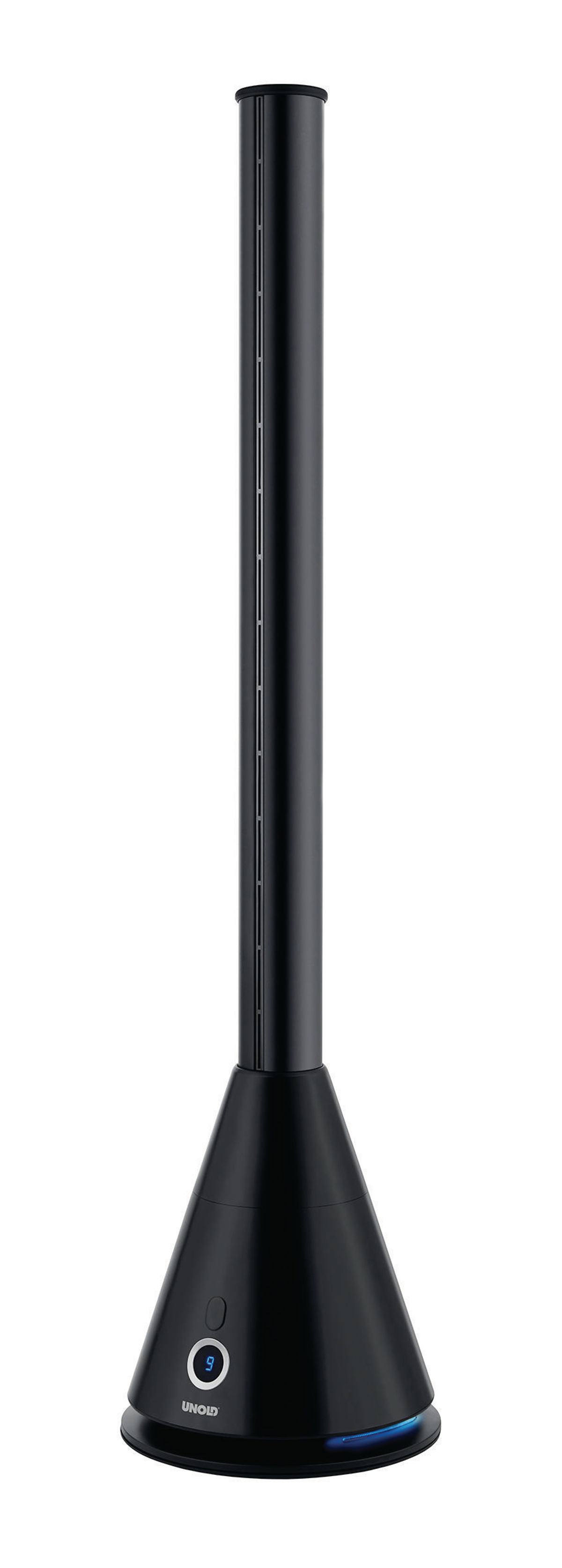 Czarny wentylator wieżowy, wysoki i smukły, z stożkową podstawą i panelem sterowania.