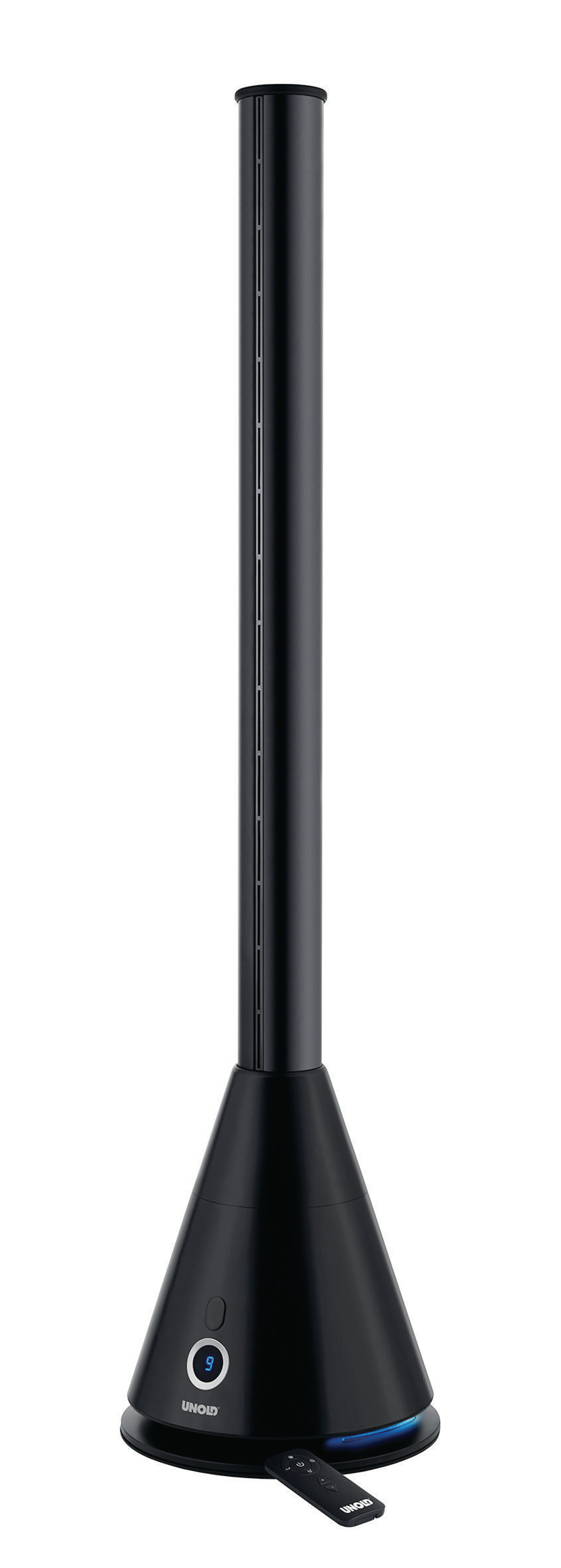 Czarny wentylator wieżowy z podstawą stożkową i pilotem na białym tle.