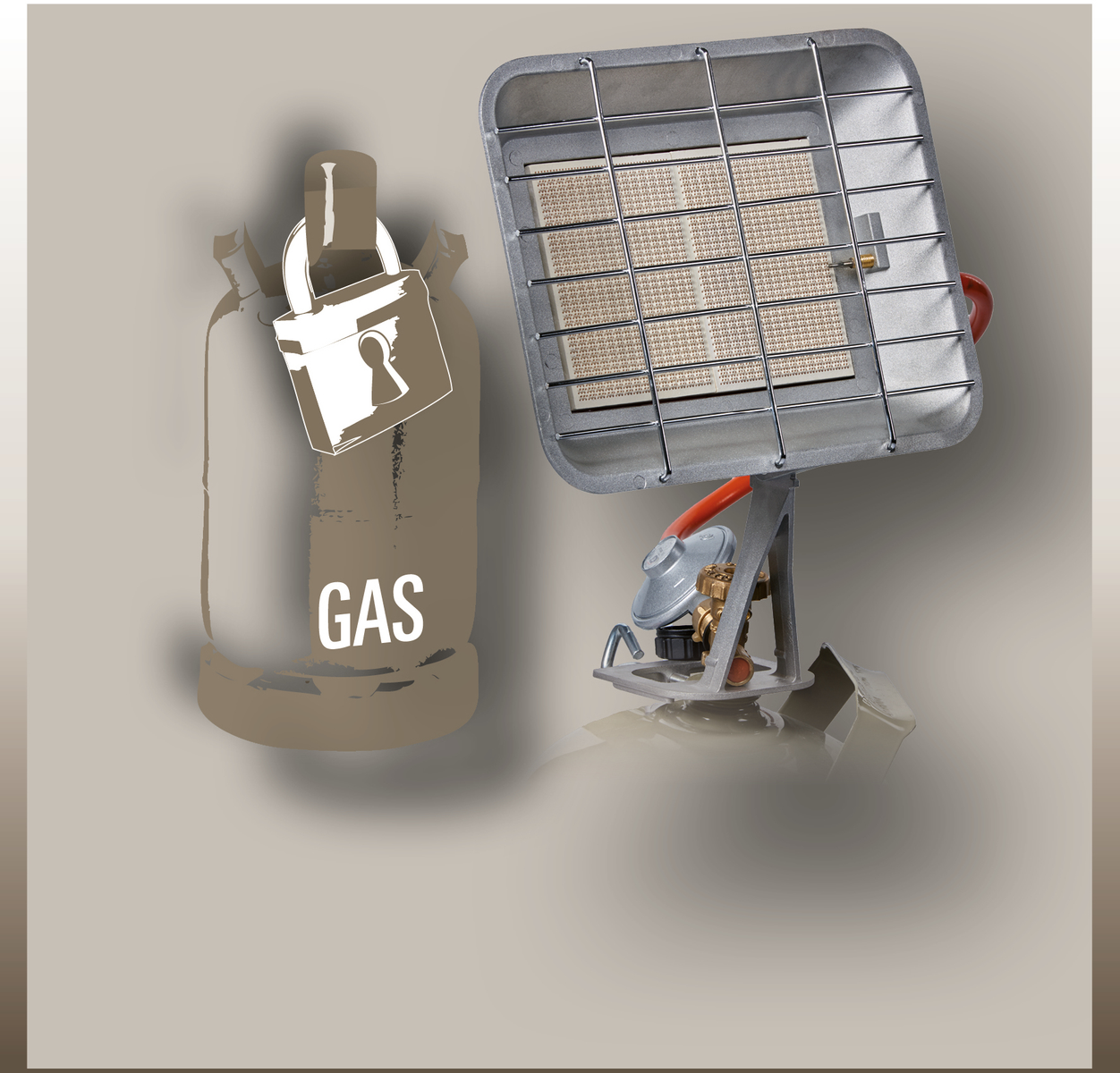 Un termoventilatore a gas con una bombola e un'immagine di lucchetto.