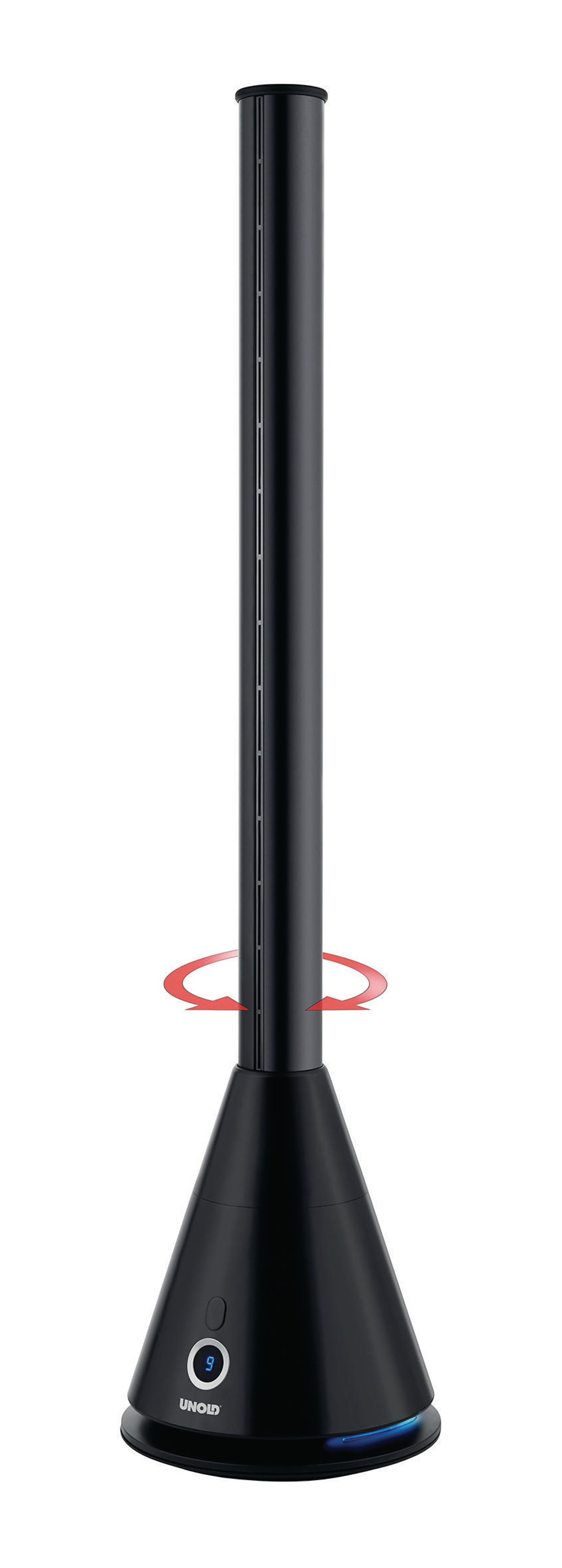 Czarny wentylator wieżowy z czerwonym symbolem oscylacji.