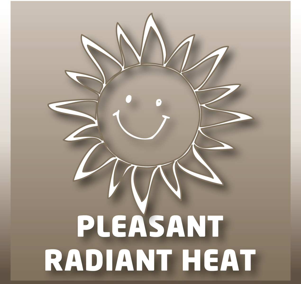 Illustrazione di un sole sorridente con testo 'Calore Radiante Piacevole' su sfondo marrone.