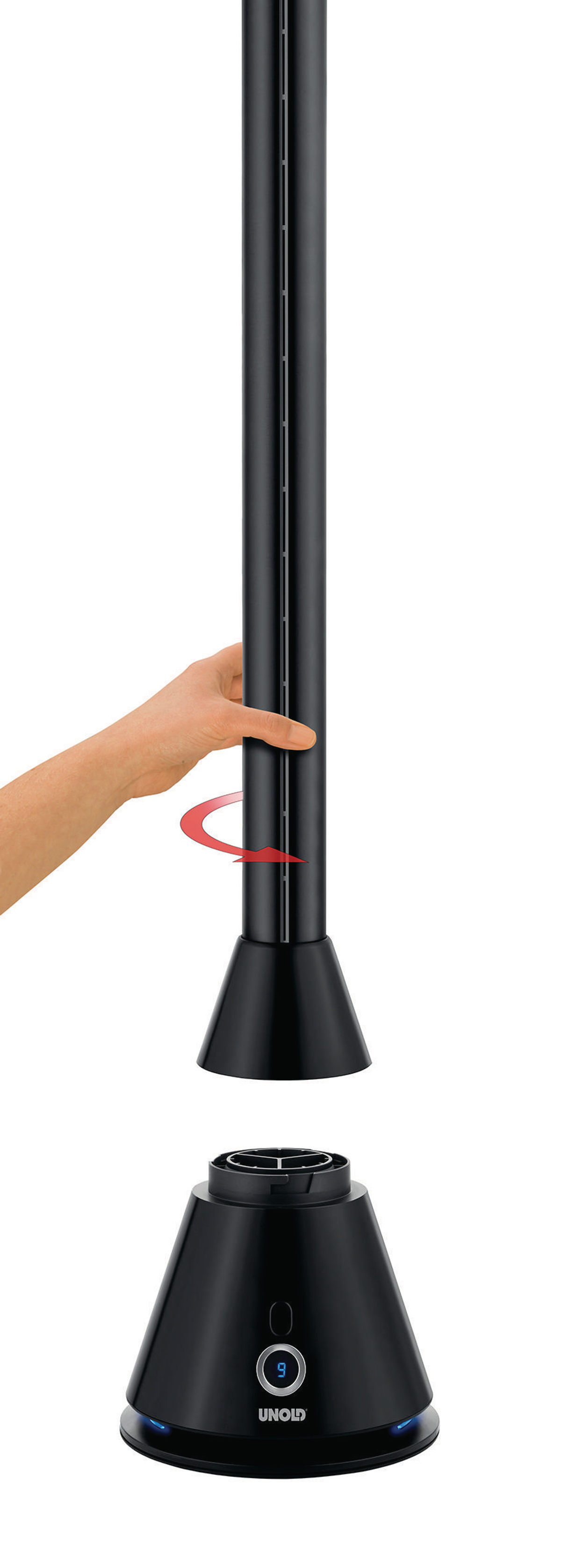 Czarny wentylator zdemontowany, z ręką obracającą górną część. Czarna podstawa poniżej.