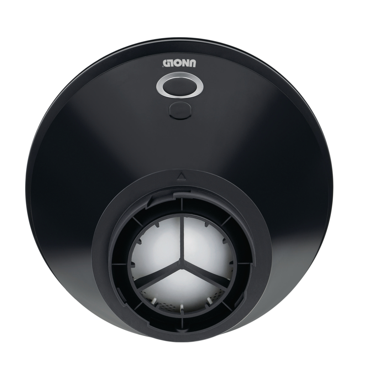 Czarne urządzenie, okrągły kształt, z przyciskiem i wentylacją.