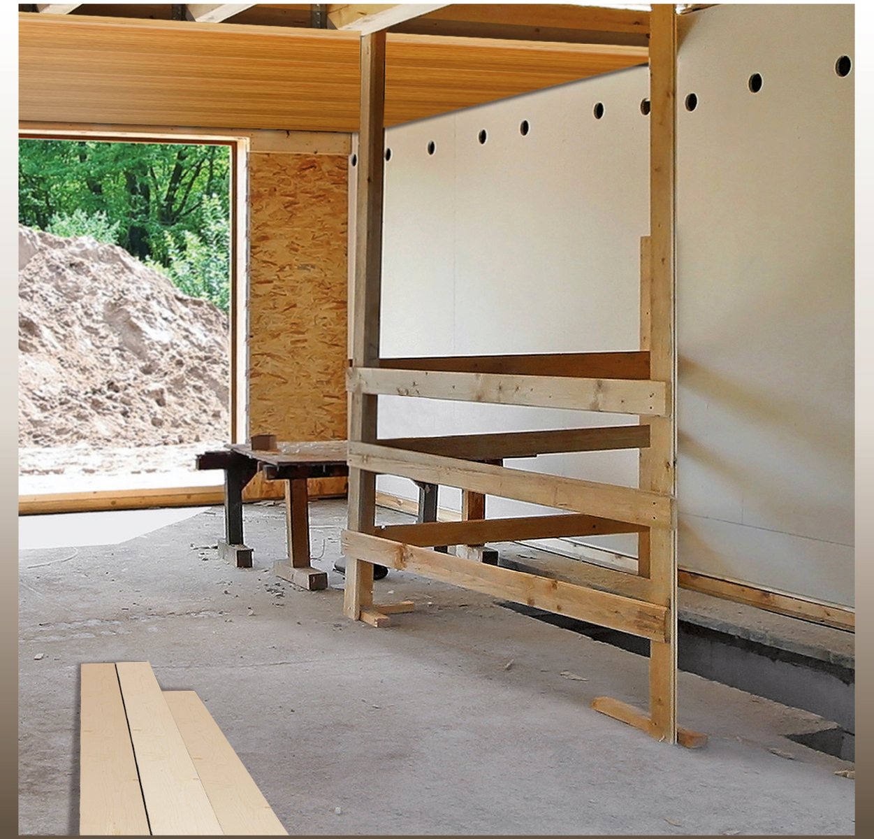 Cantiere con intelaiatura in legno e pareti parzialmente finite, luce naturale.