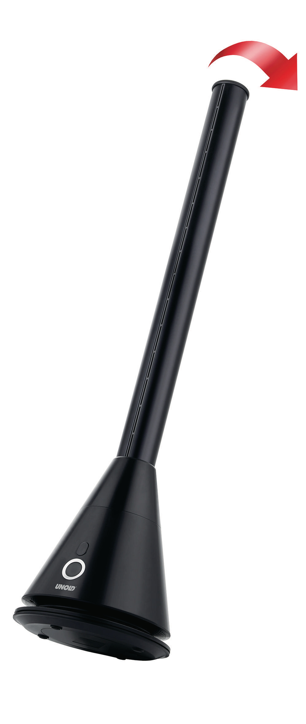 Czarny, wysoki i cienki wentylator z białym przyciskiem. Górna część obraca się czerwoną strzałką.