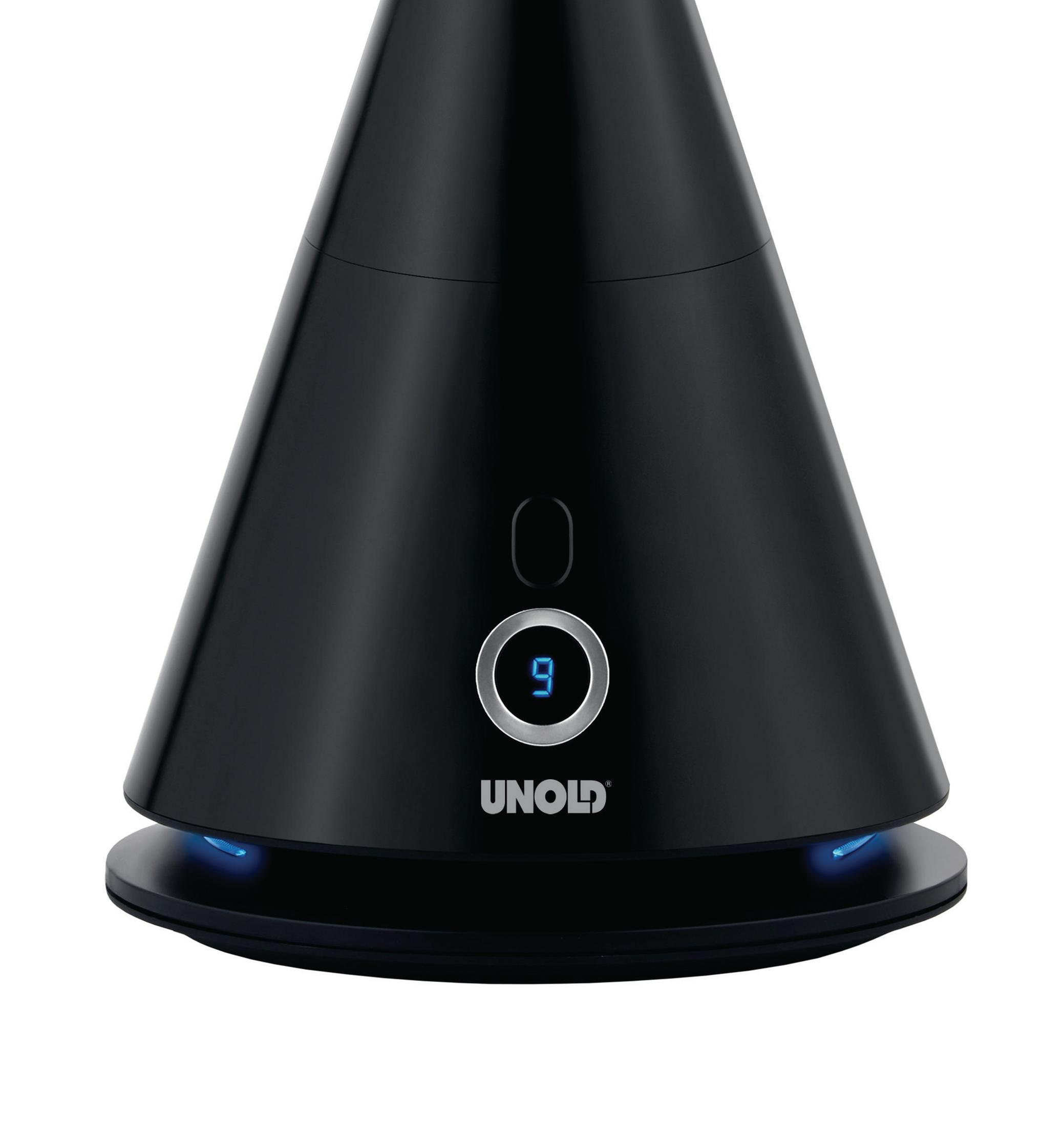 Czarne urządzenie w kształcie stożka z niebieskim światłem u podstawy i wyświetlaczem cyfrowym.