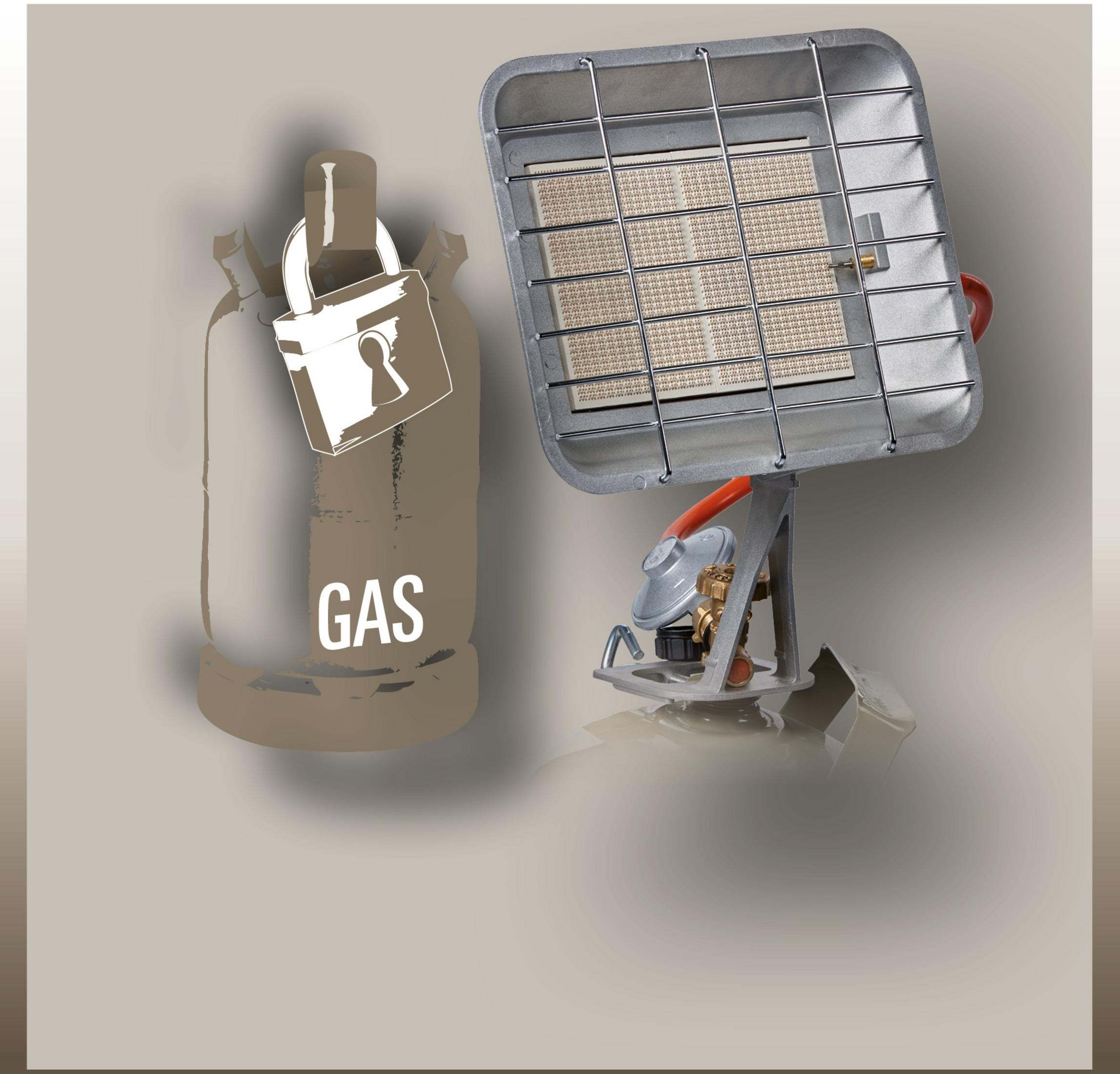 Una bombola del gas con un'icona a lucchetto e un riscaldatore a gas con un elemento riscaldante quadrato, entrambi su una superficie.