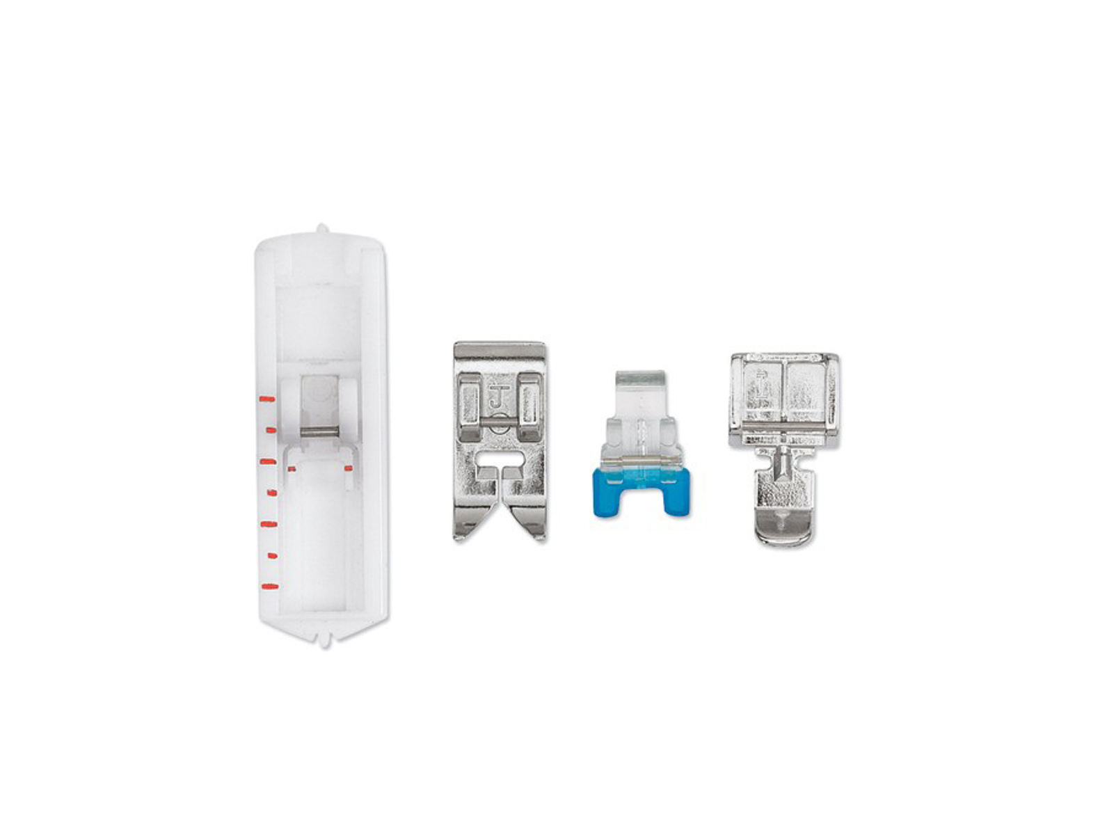 Trzy stopki dociskowe do maszyny do szycia, jedna z czerwoną skalą.
