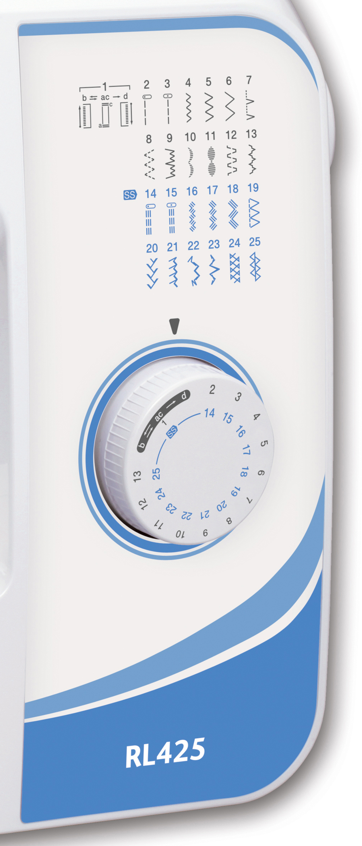 Szczegół maszyny do szycia z pokrętłem wyboru ściegu.