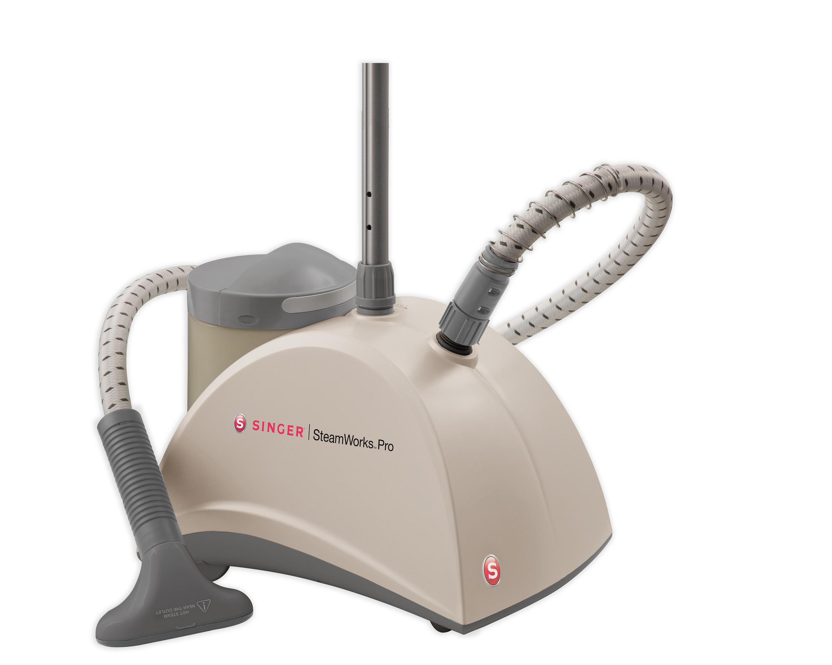A beige Singer SteamWorks Pro steamer, with a gray hose and nozzle.