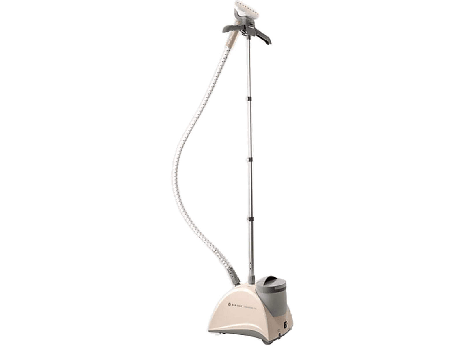 A tall, white garment steamer with a flexible hose and a base.