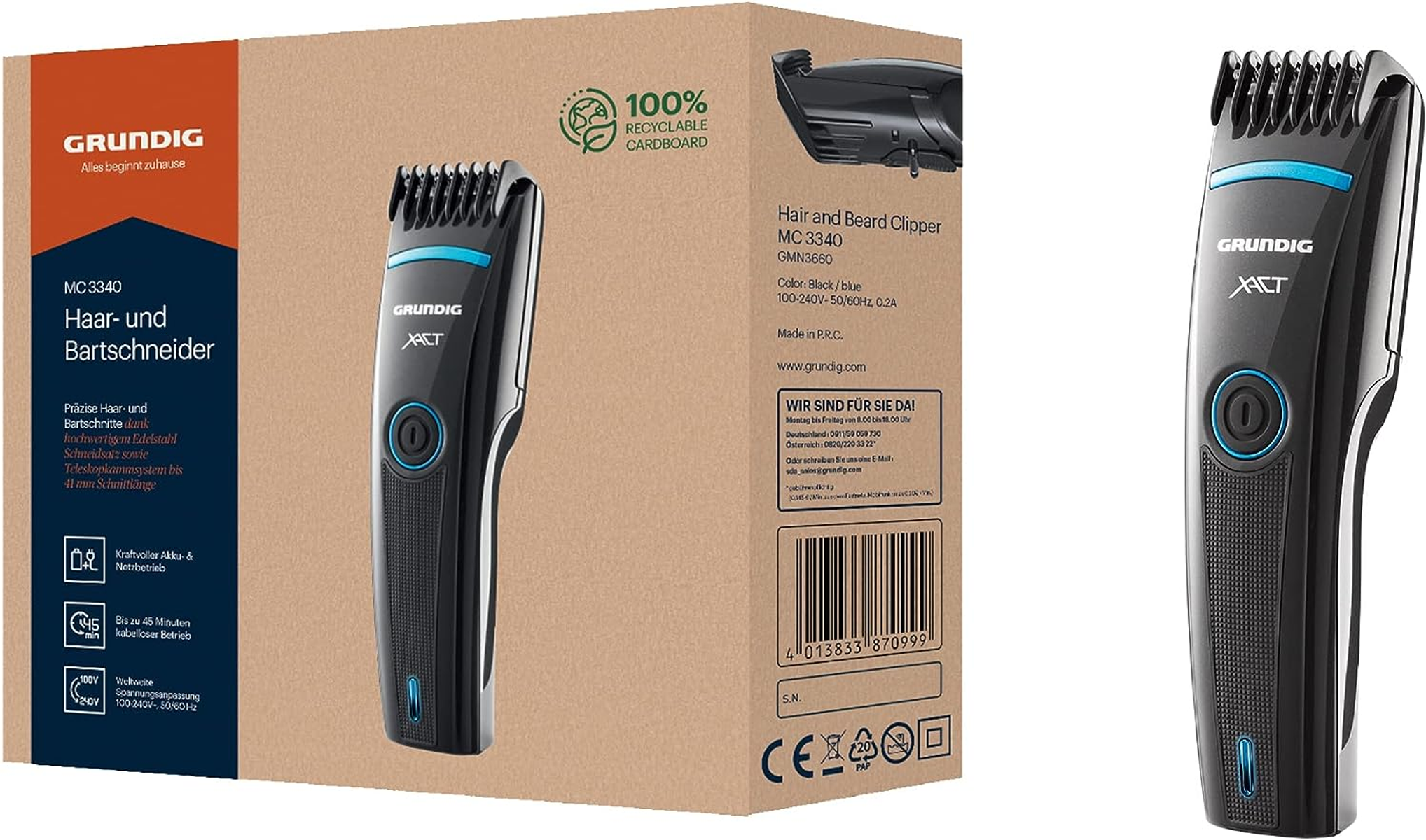Scatola e tagliacapelli e barba Grundig, nero e blu, sfondo bianco.