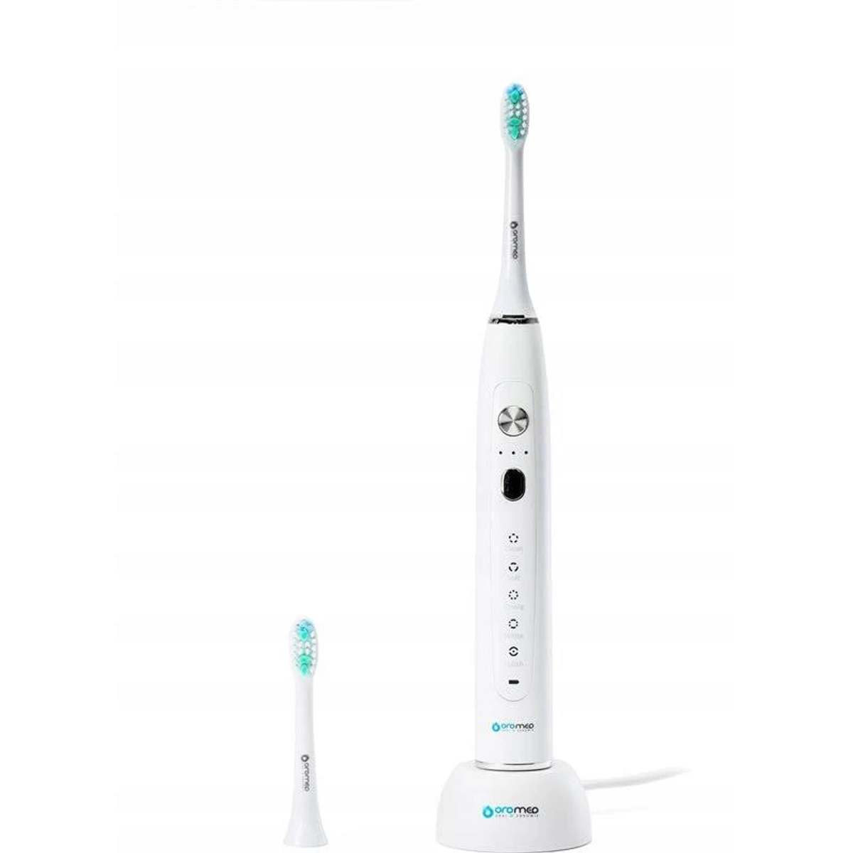 Cepillo de dientes eléctrico blanco con base de carga y cabezal extra. El cepillo tiene cerdas azules.