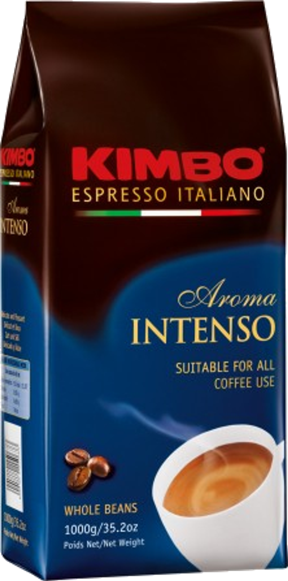Una confezione di caffè Kimbo con l'illustrazione di una tazza e chicchi interi.