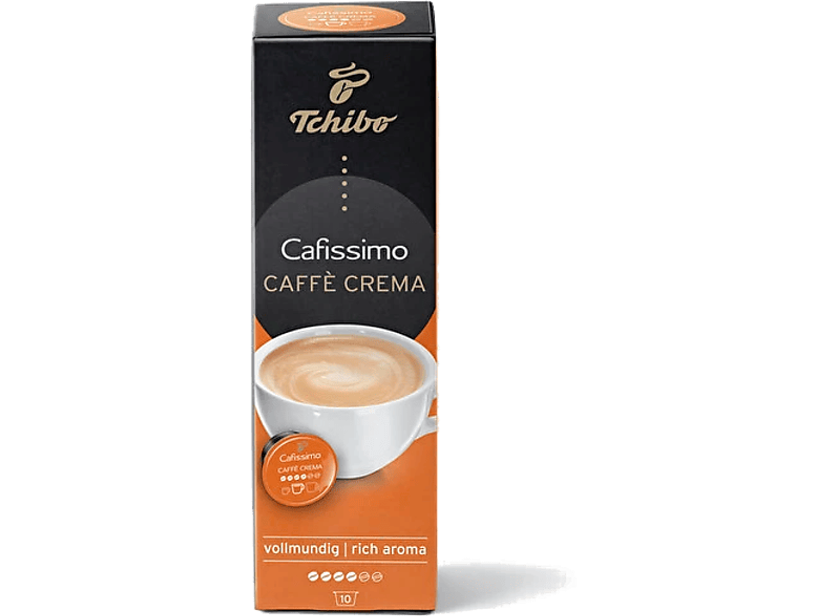 Scatola di capsule di caffè Tchibo Cafissimo Caffe Crema. Mostra una tazza di caffè.