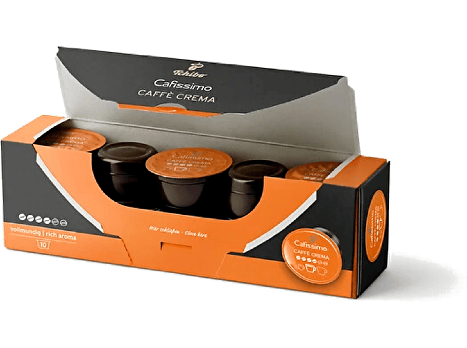 Scatola di capsule di caffè Tchibo Cafissimo Caffe Crema. Confezione arancione e nera.