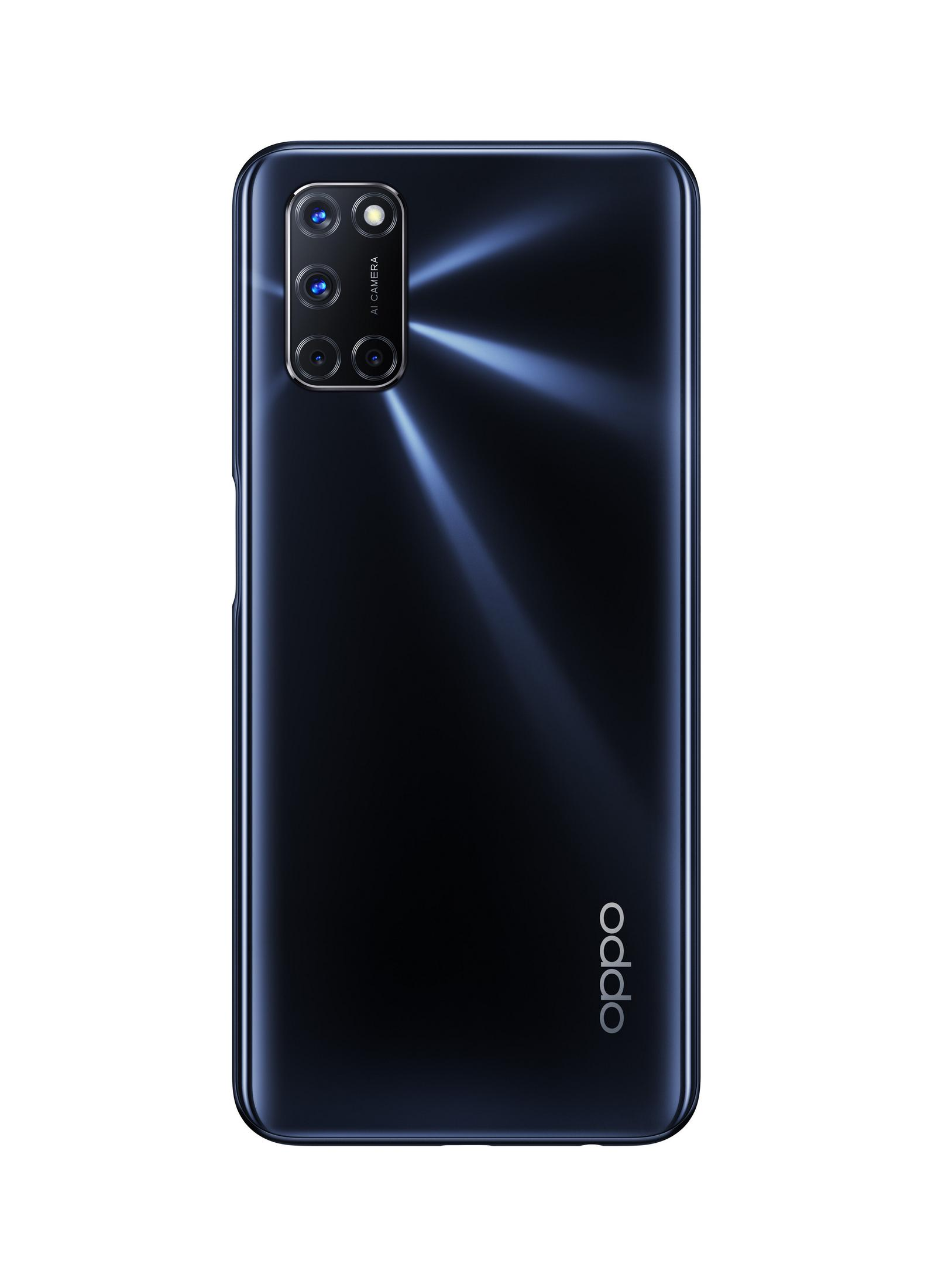 Schwarzes Oppo-Telefon mit blau getöntem Rückpanel und mehreren Kameras. Weißer Hintergrund.