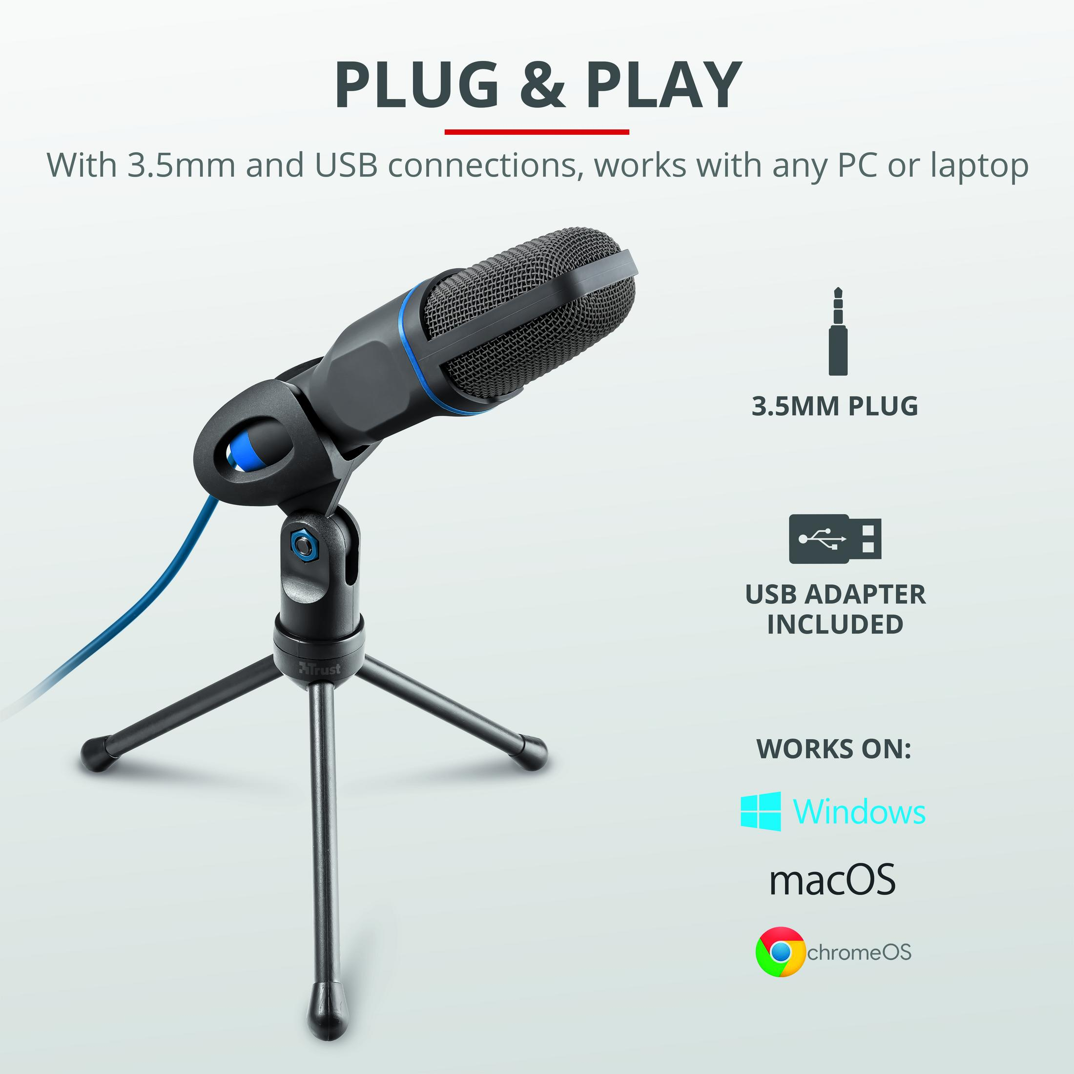 Ein schwarzes Mikrofon auf einem Stativ, mit Symbolen für Stecker und USB-Adapter.