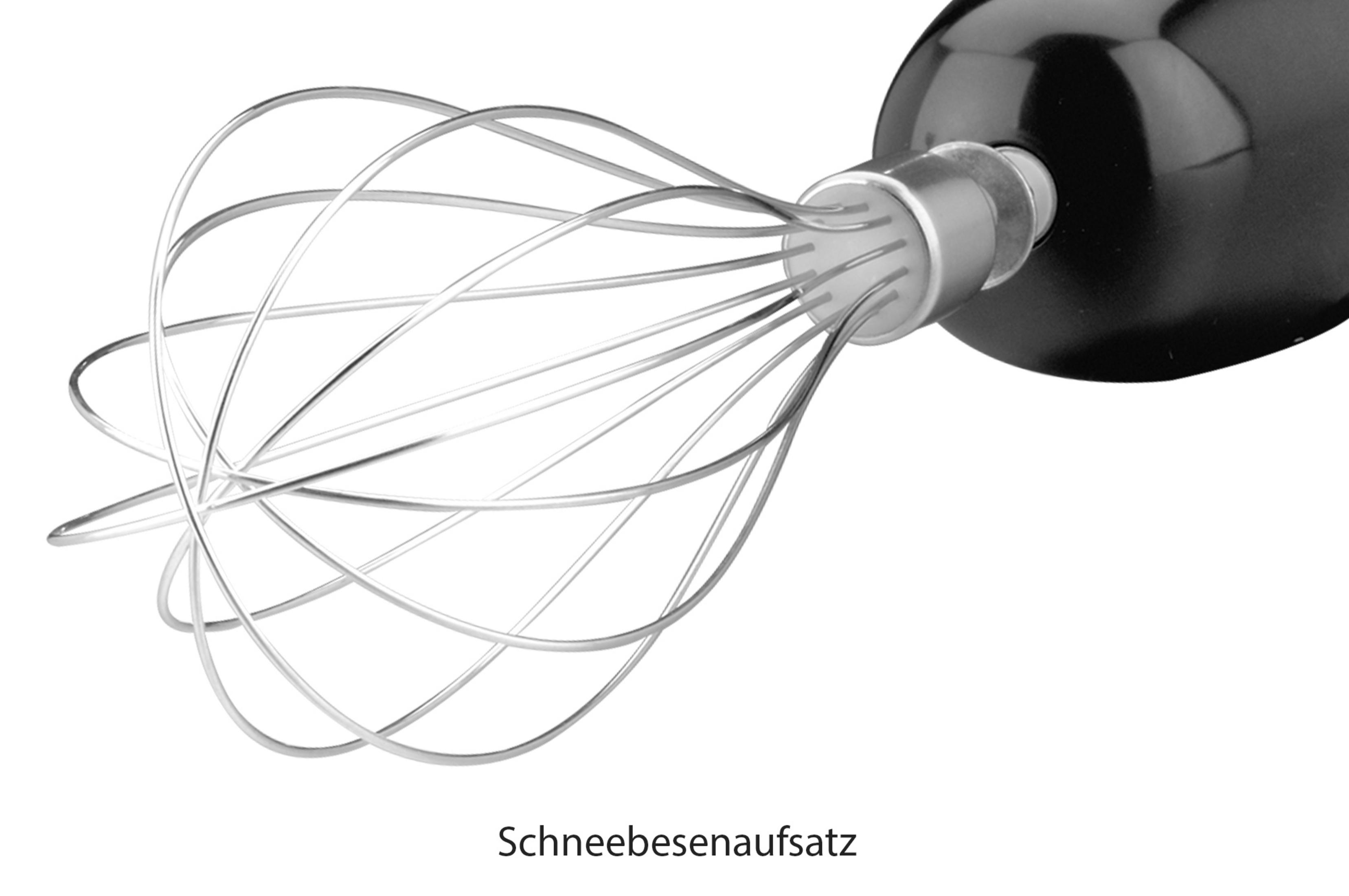 Nahaufnahme eines Schneebesenaufsatzes aus Edelstahl für einen schwarzen Handmixer.