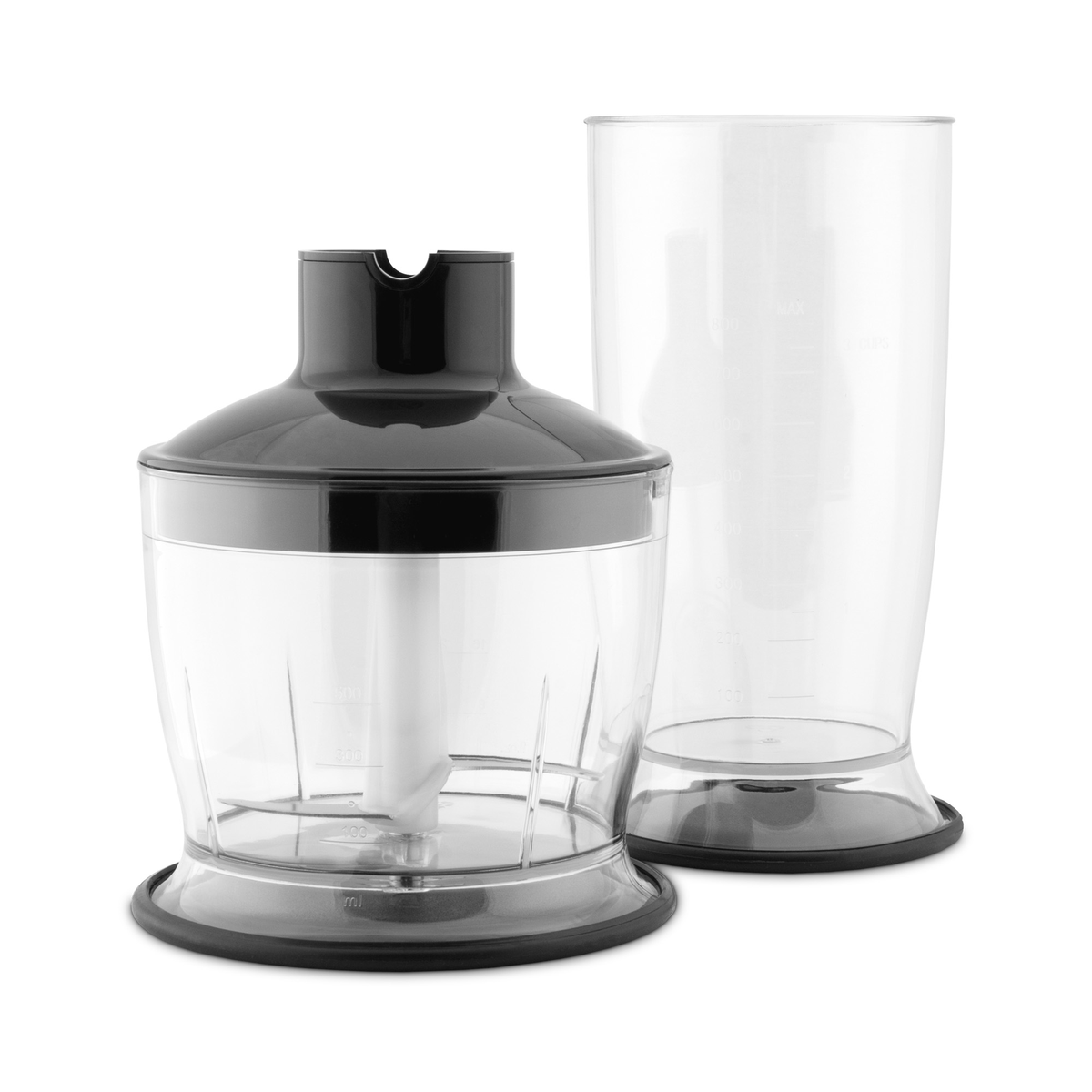 Ein schwarzer und klarer Stabmixer mit einem Mixbehälter, der die Mixkomponenten zeigt.
