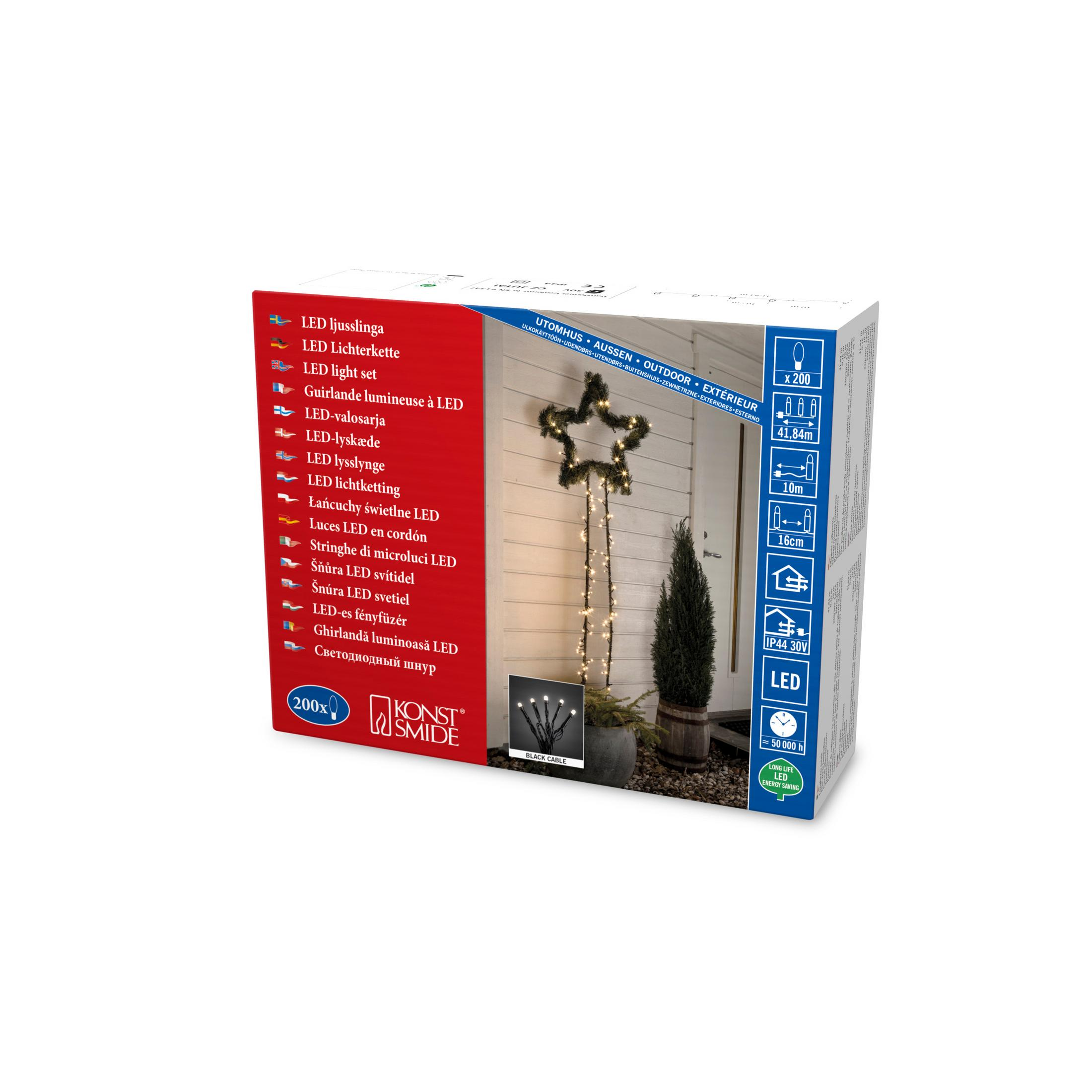 Eine Produktbox mit Weihnachtsbeleuchtung, einem Stern und einem kleinen grünen Baum. Weißer Hintergrund.