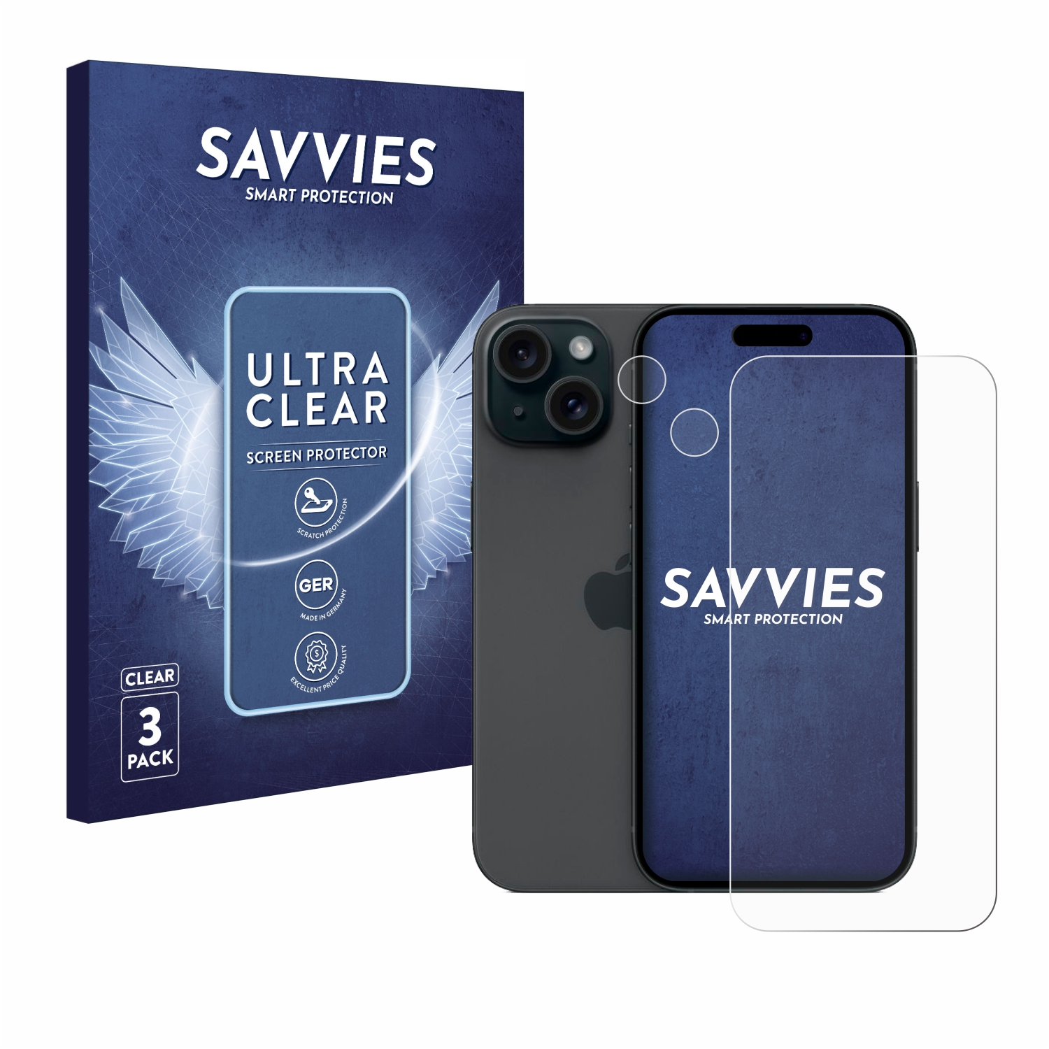 iPhone mit Displayschutzfolie und Box. Die Box hat Text und ein Telefonbild.
