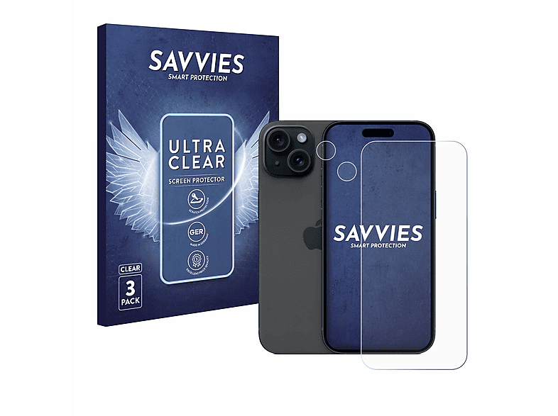 SAVVIES 6x klare Schutzfolie(für Apple iPhone 15)