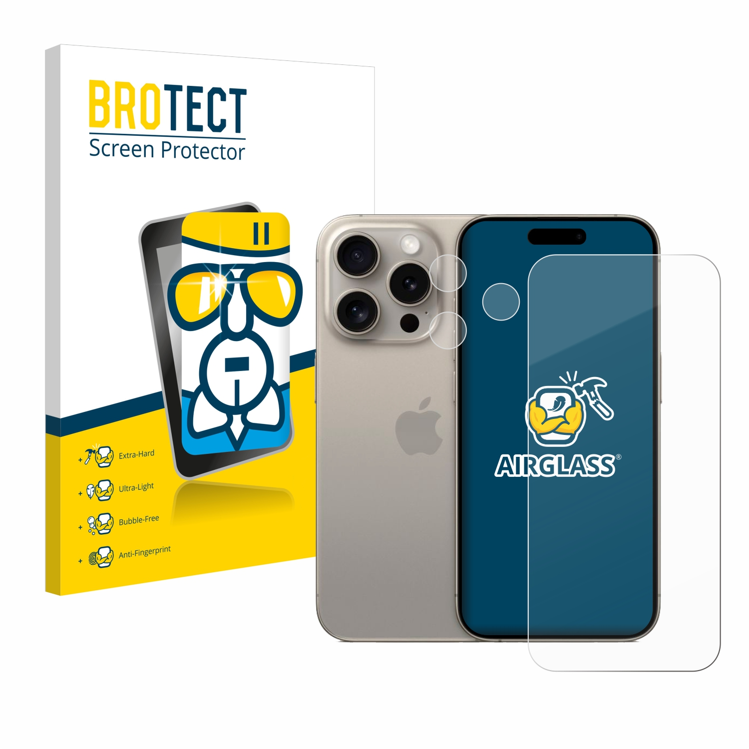 iPhone und Displayschutzfolienverpackung. Das Telefon hat mehrere Kameras. Der Displayschutz ist klar.
