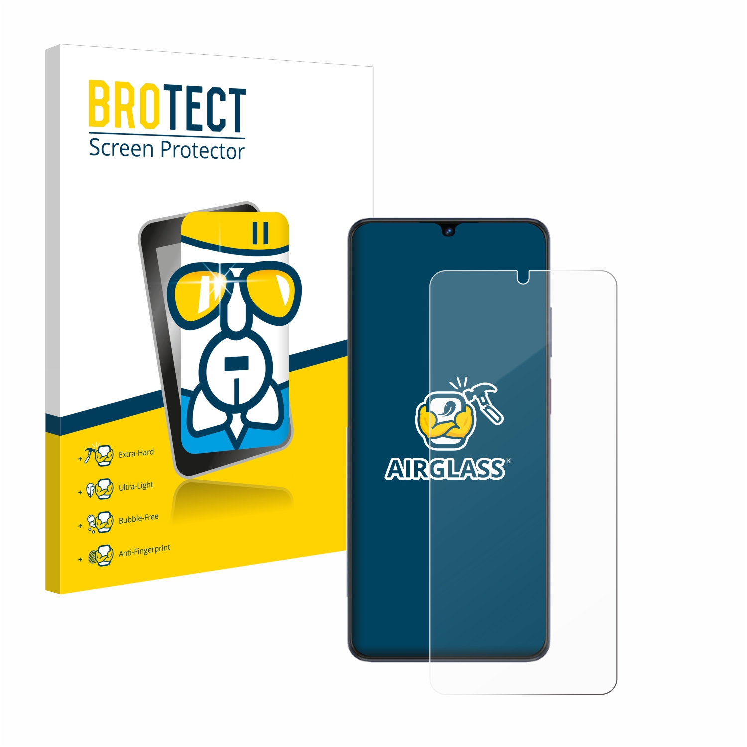 Ein Telefon mit Displayschutz und einer Box. Die Box sagt 'Airglass' und 'Bubble-Free'.