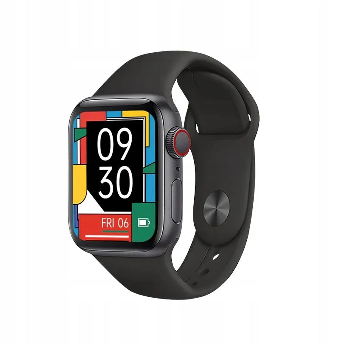 Smartwatch con cinturino nero che mostra l'ora, la data e il livello della batteria. Cinturino nero. Sfondo bianco.