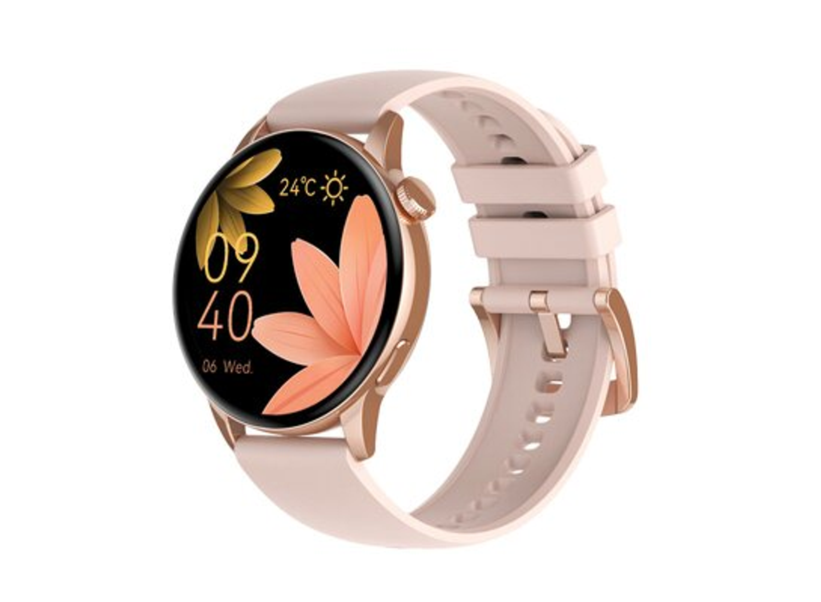 Różowy i złoty smartwatch. Pokazuje godzinę, datę i kwiatowy wzór na okrągłej tarczy.
