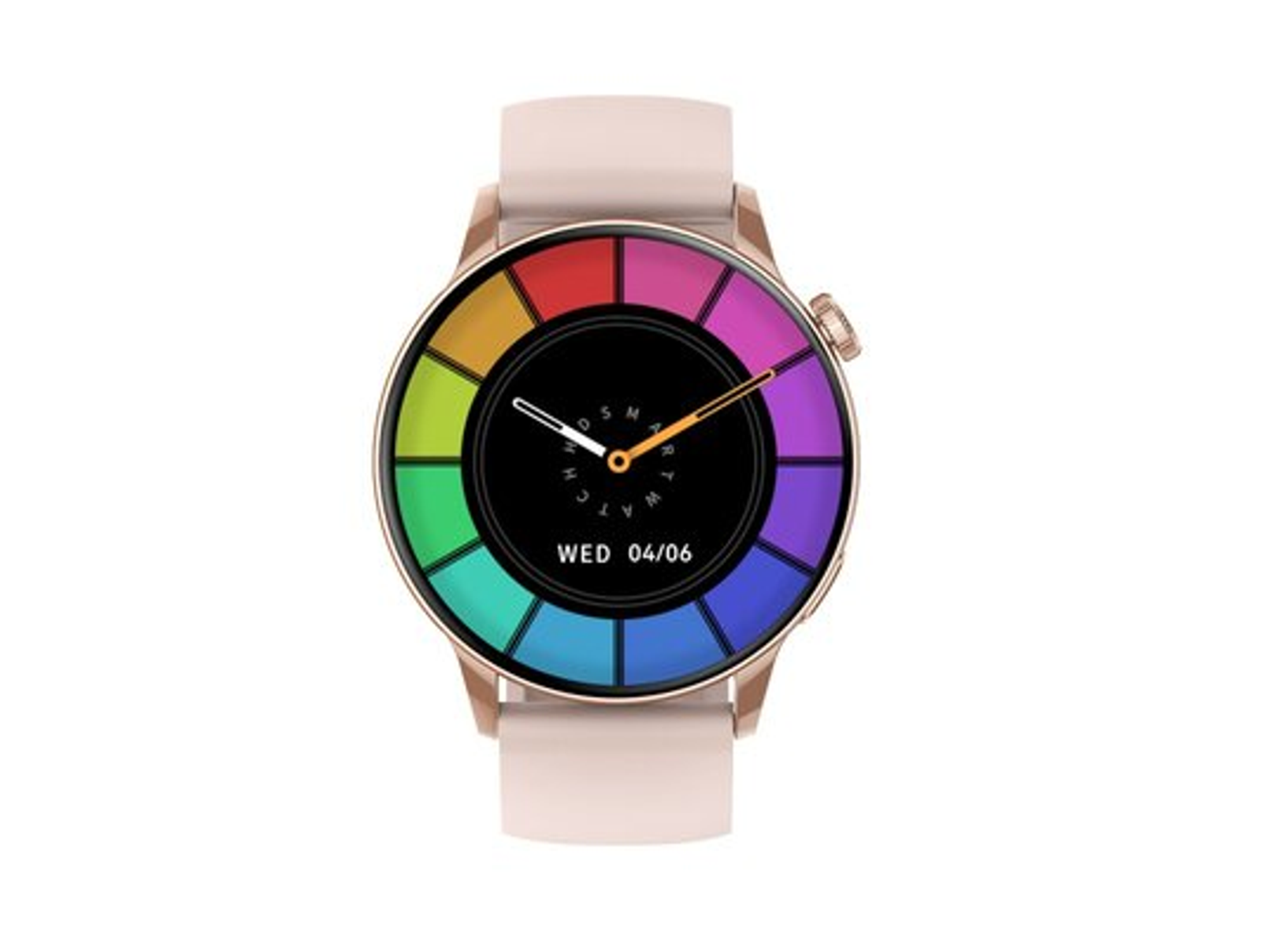 Złoty smartwatch z kolorową, tęczową tarczą. Pasek jest jasnoróżowy. Zegarek jest okrągły.