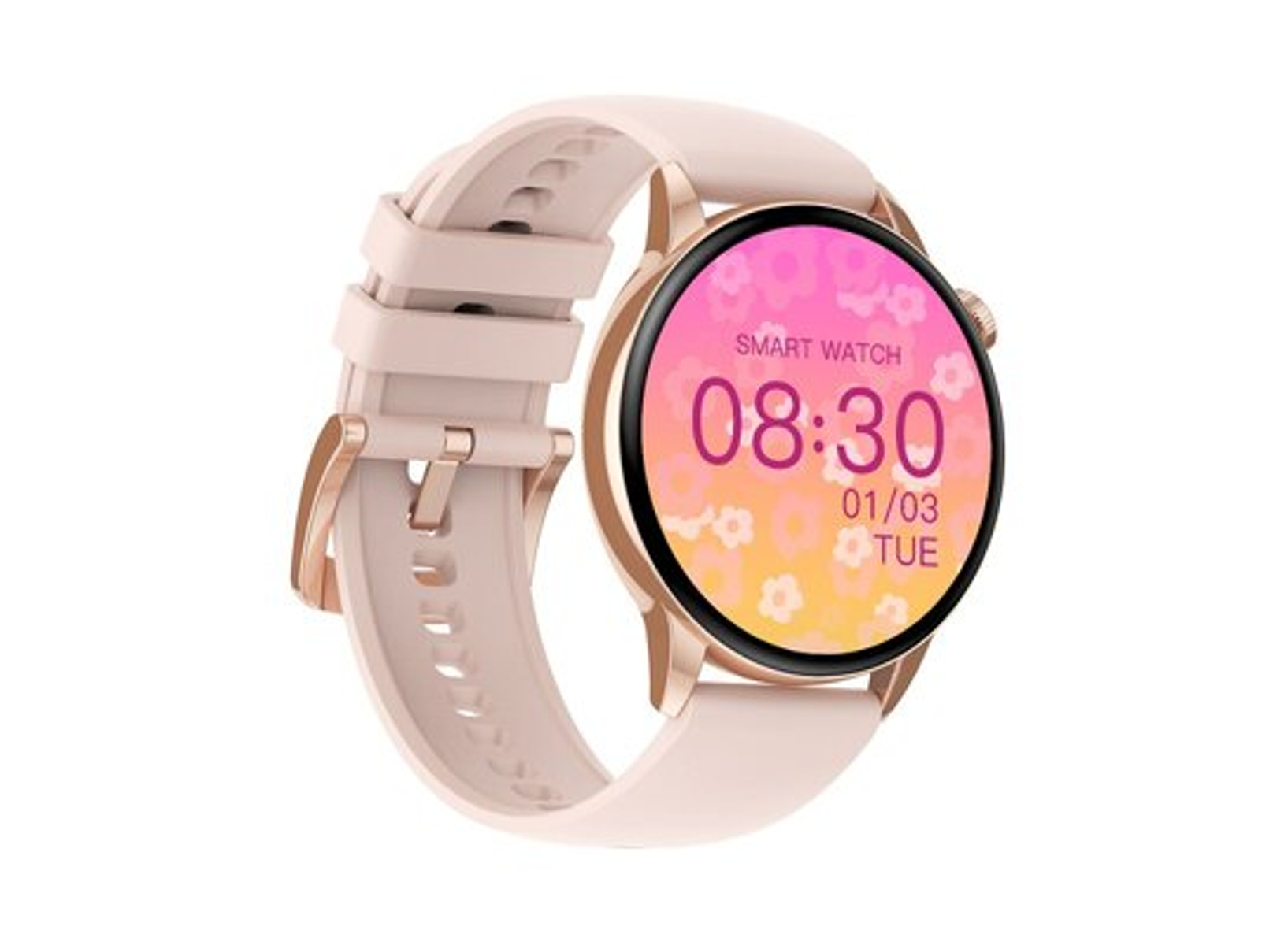 Różowy smartwatch z okrągłą tarczą wyświetlającą godzinę i kwiatowy wzór.