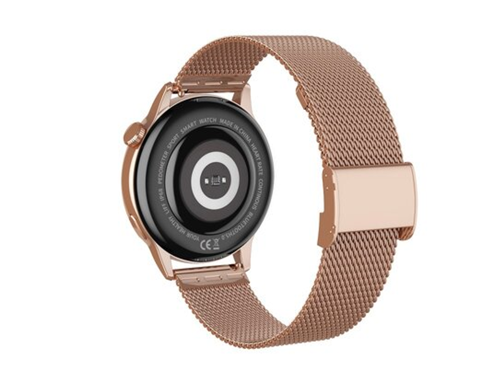 Smartwatch w kolorze różowego złota z siatkowym paskiem, widok z tyłu, pokazujący czujniki i tarczę.
