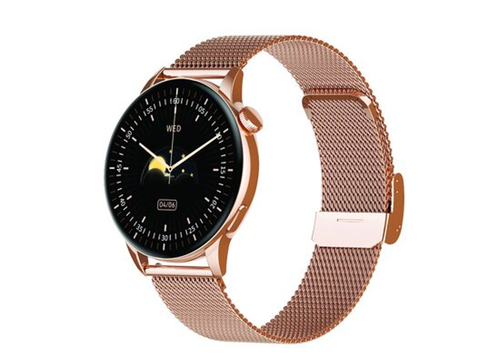 Smartwatch w kolorze różowego złota z siatkowym paskiem, czarny ekran z datą i czasem.