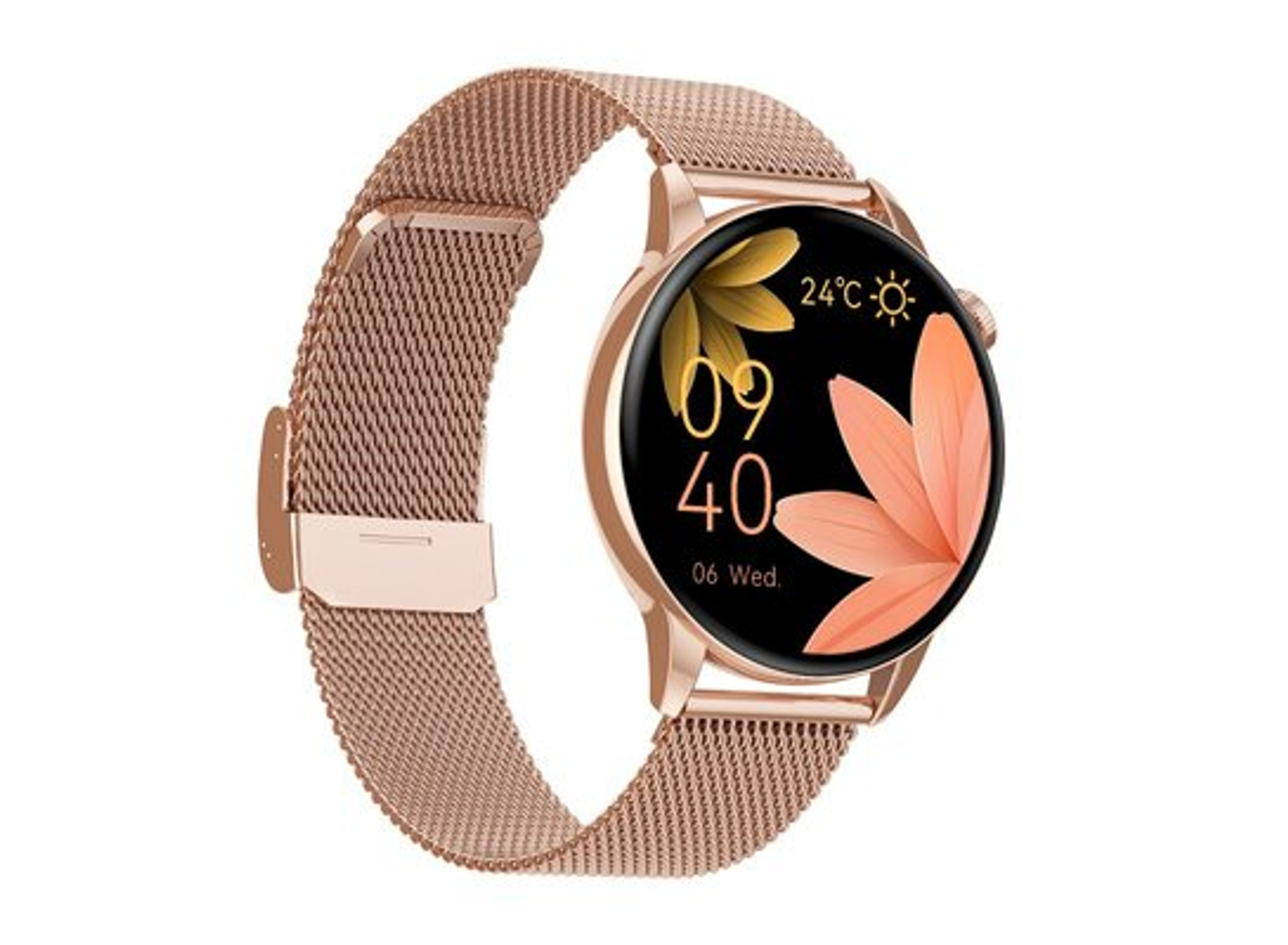 Zegarek smartwatch w kolorze różowego złota z metalową bransoletą. Tarcza pokazuje czas i kwiatowy wzór.