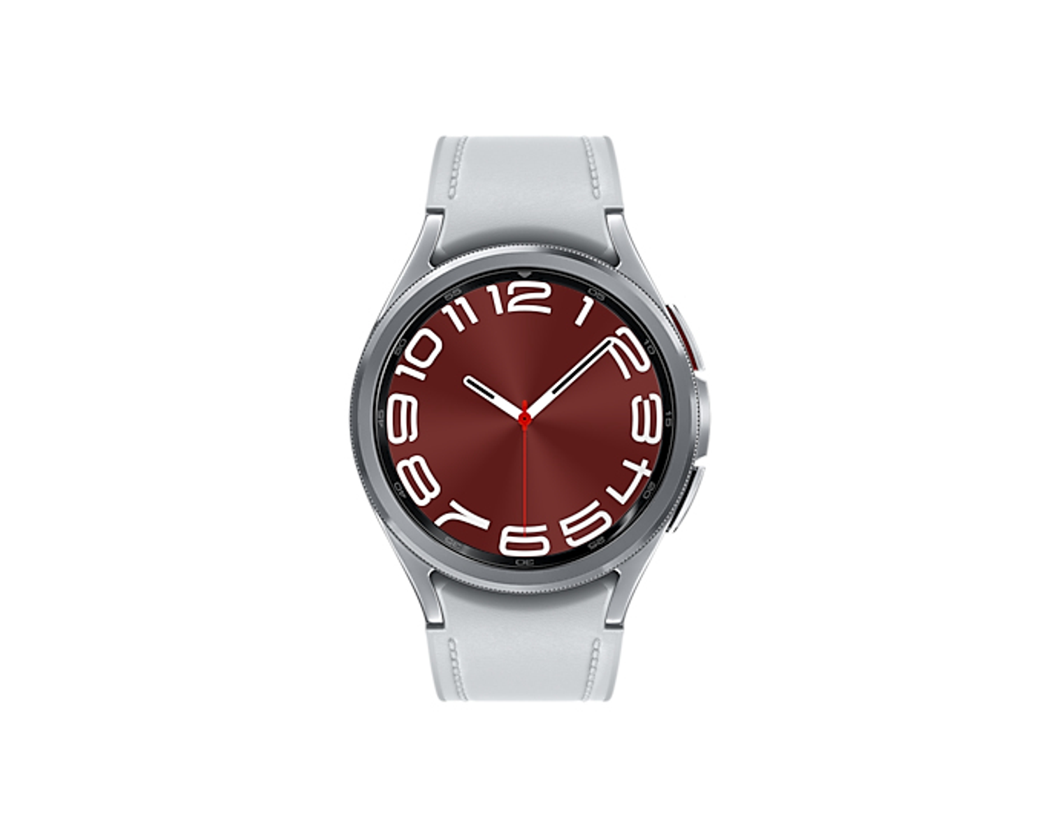 Samsung Galaxy Watch, bordeauxrode wijzerplaat, witte band, toont tijd.