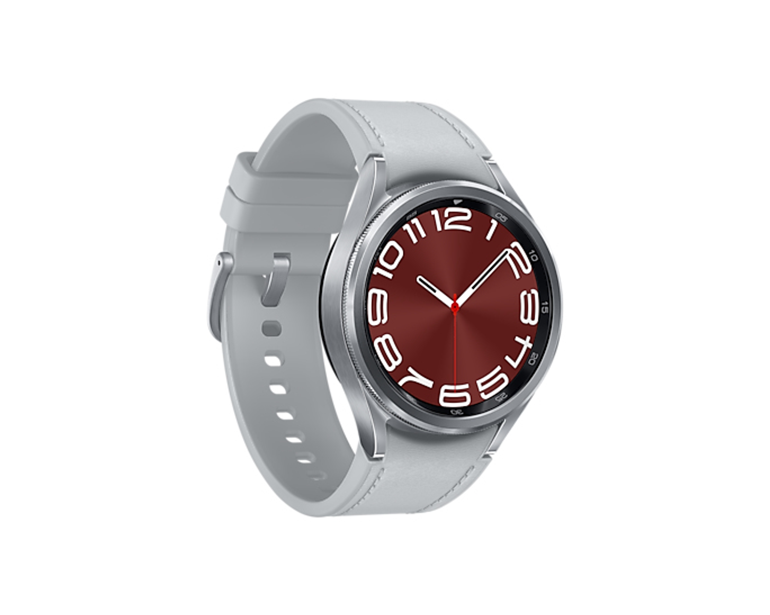 Een zilveren smartwatch met een rode wijzerplaat en een lichtgrijze band, geïsoleerd op wit.