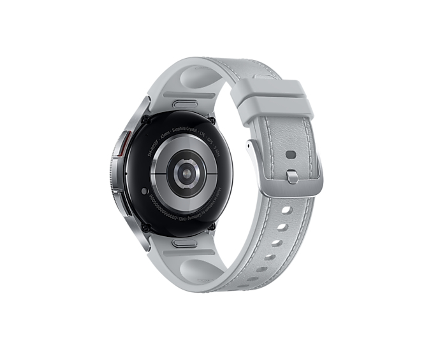 Een zilveren smartwatch met een witte band. De achterkant van het horloge is zichtbaar. Witte achtergrond.