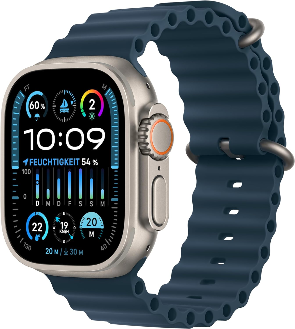 Silberne Smartwatch mit blauem Armband, zeigt Zeit und Gesundheitswerte.