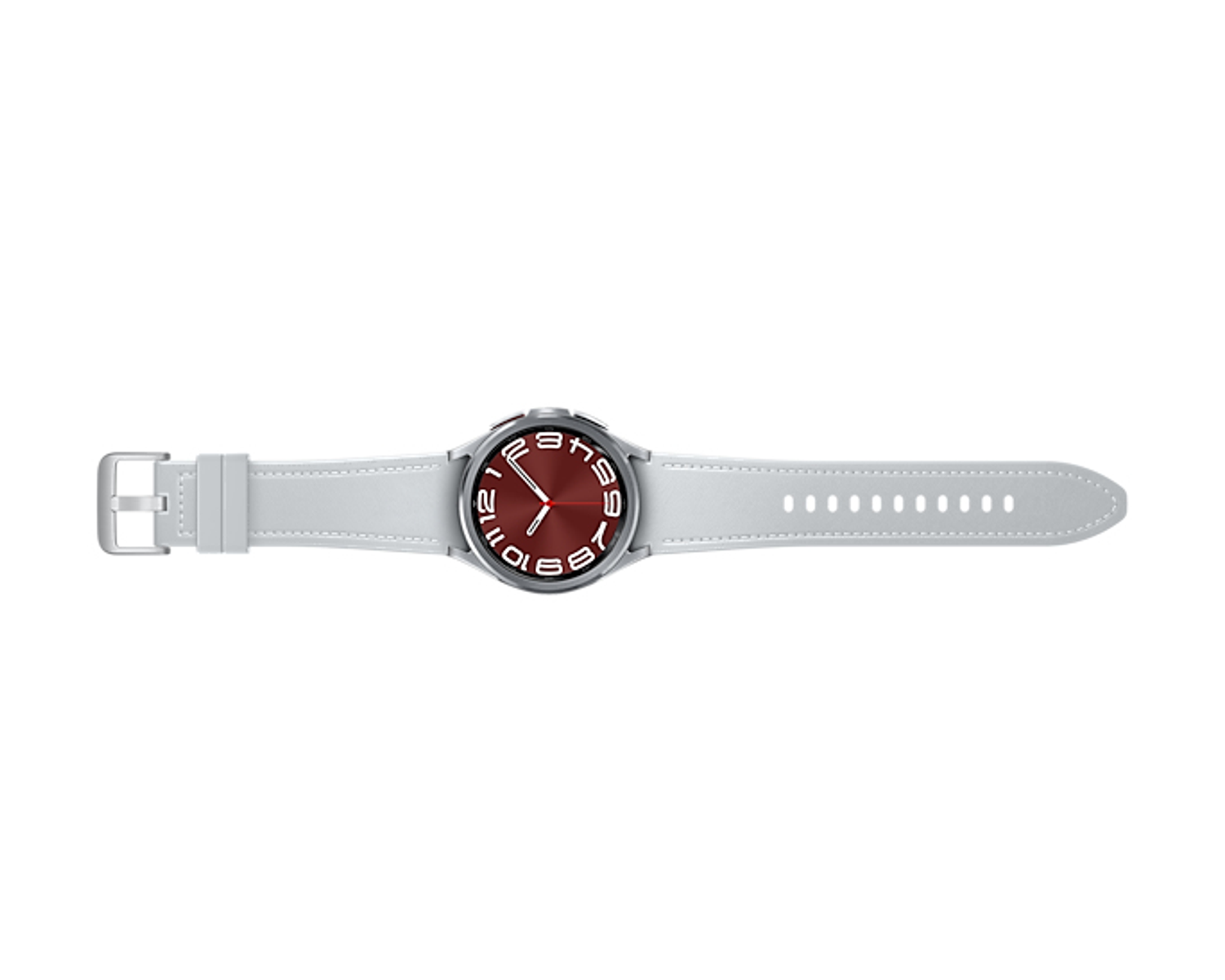 Zilveren smartwatch met rode wijzerplaat en witte band, geïsoleerd op wit.