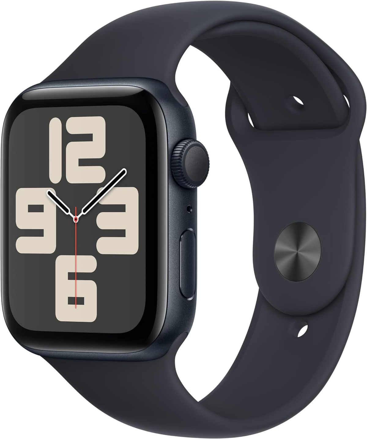 Black Apple Watch with a dark blue strap. The watch face shows the time with large white numbers.