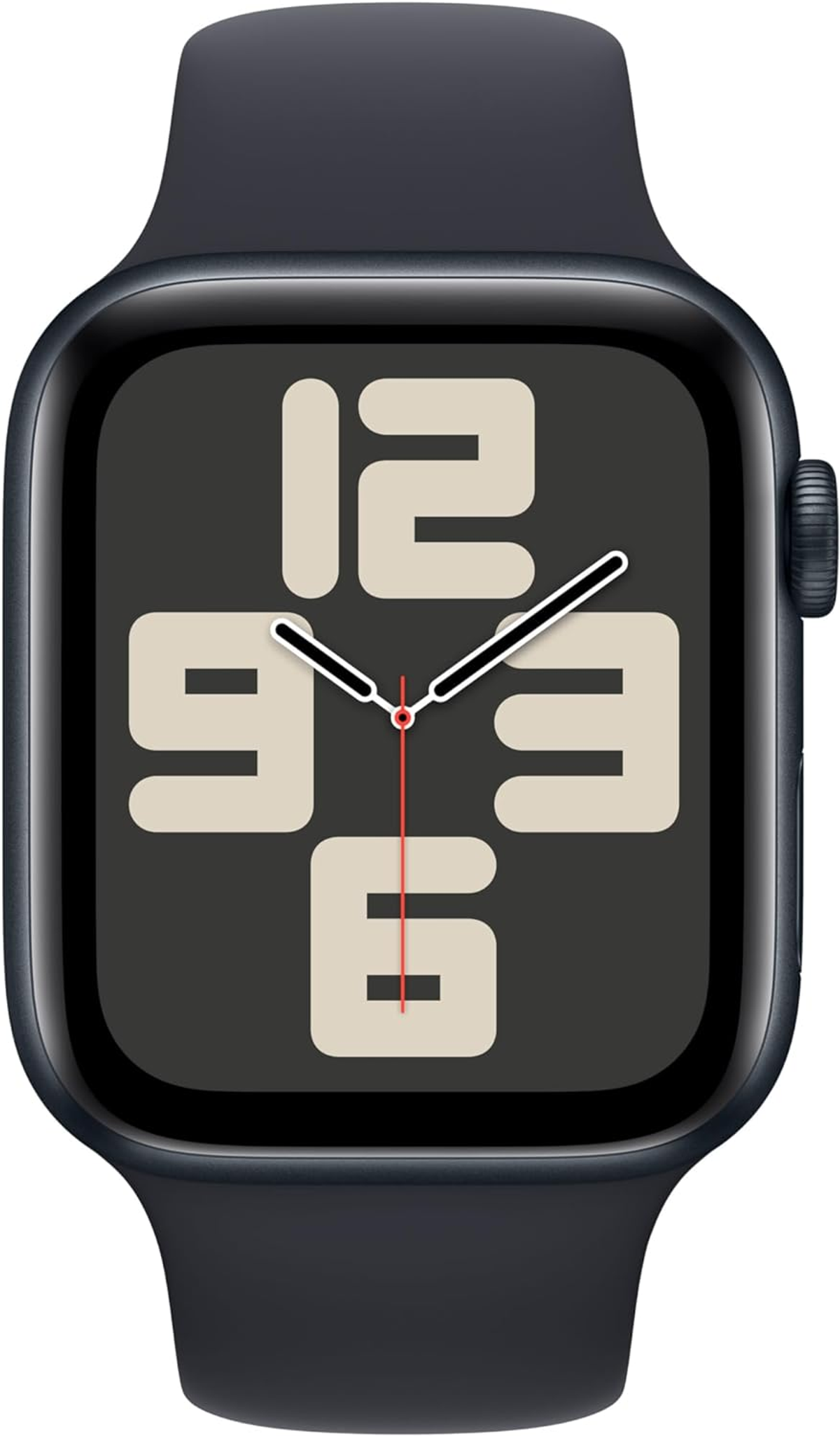 Apple Watch with dark band and watch face showing time.